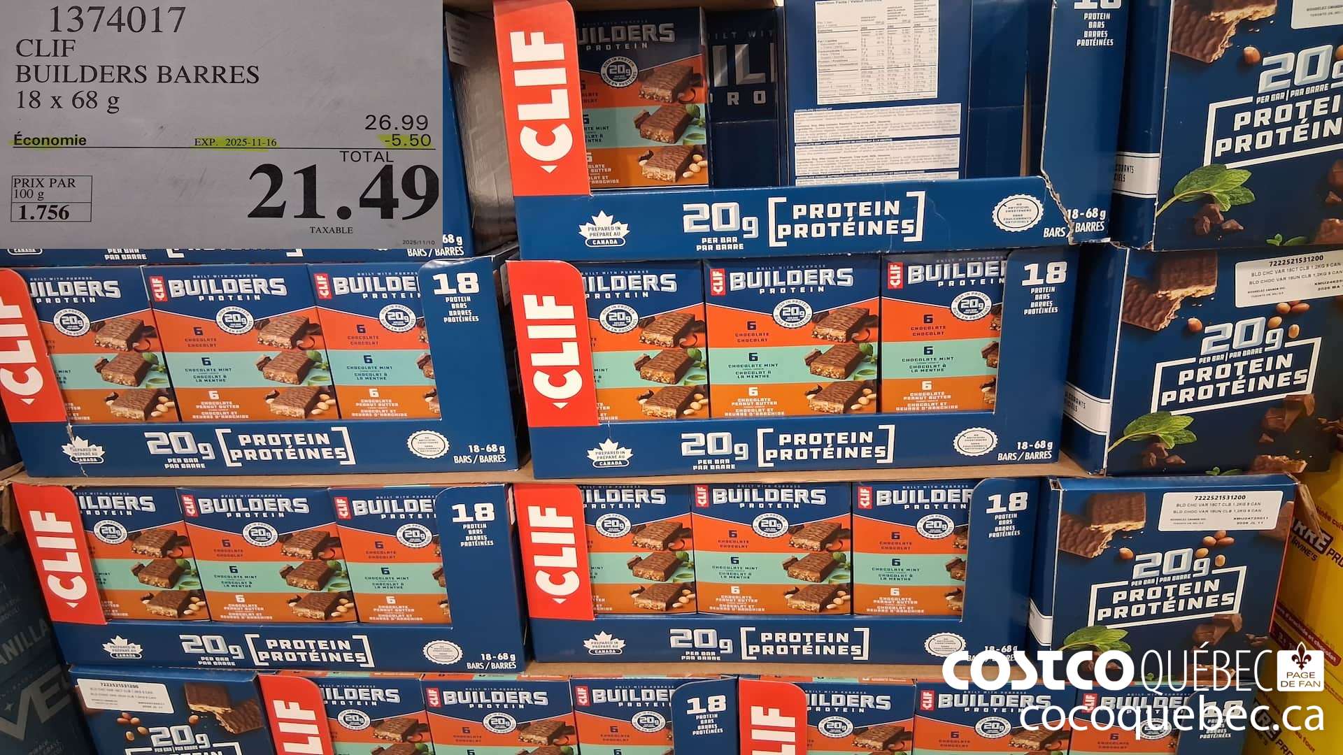 1374017 CLIF BUILDERS BARRES 18 x 68 g ($5.50 INSTANT SAVINGS EXPIRES ON 2025-11-16) $21.49