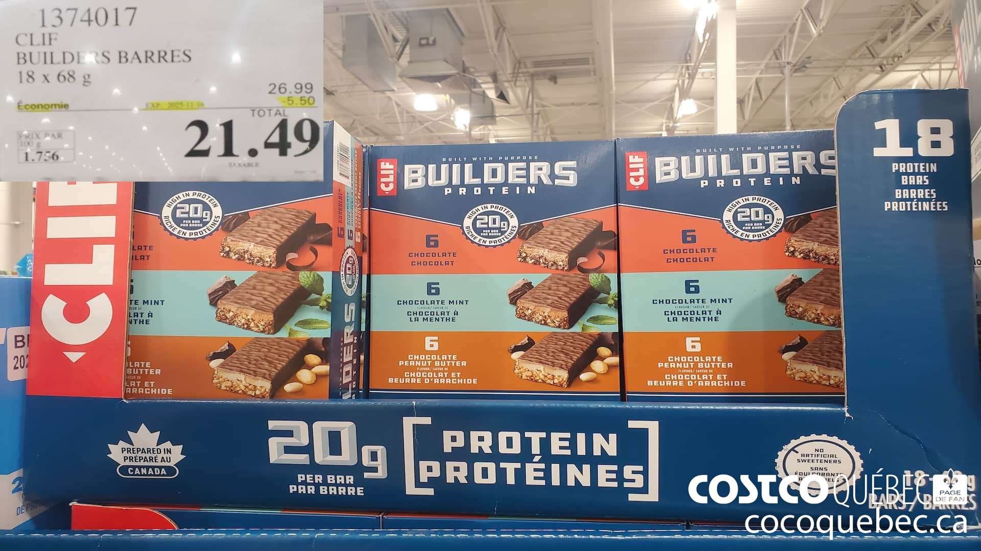 1374017 CLIF BUILDERS BARRES 18 x 68 g ($5.50 INSTANT SAVINGS EXPIRES ON 2025-11-16) $21.49