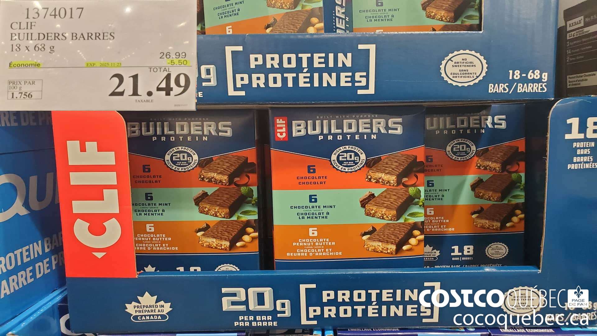 1374017 CLIF BUILDERS BARRES 18 x 68 g ($5.50 INSTANT SAVINGS EXPIRES ON 2025-11-23) $21.49