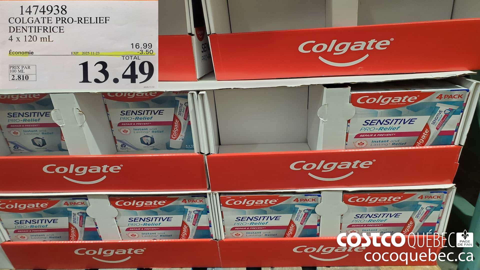 1474938 COLGATE PRO-RELIEEF DENTIFRICE 4x 120 mL  ($3.50 INSTANT SAVINGS EXPIRES ON 2025-11-23) $13.49
