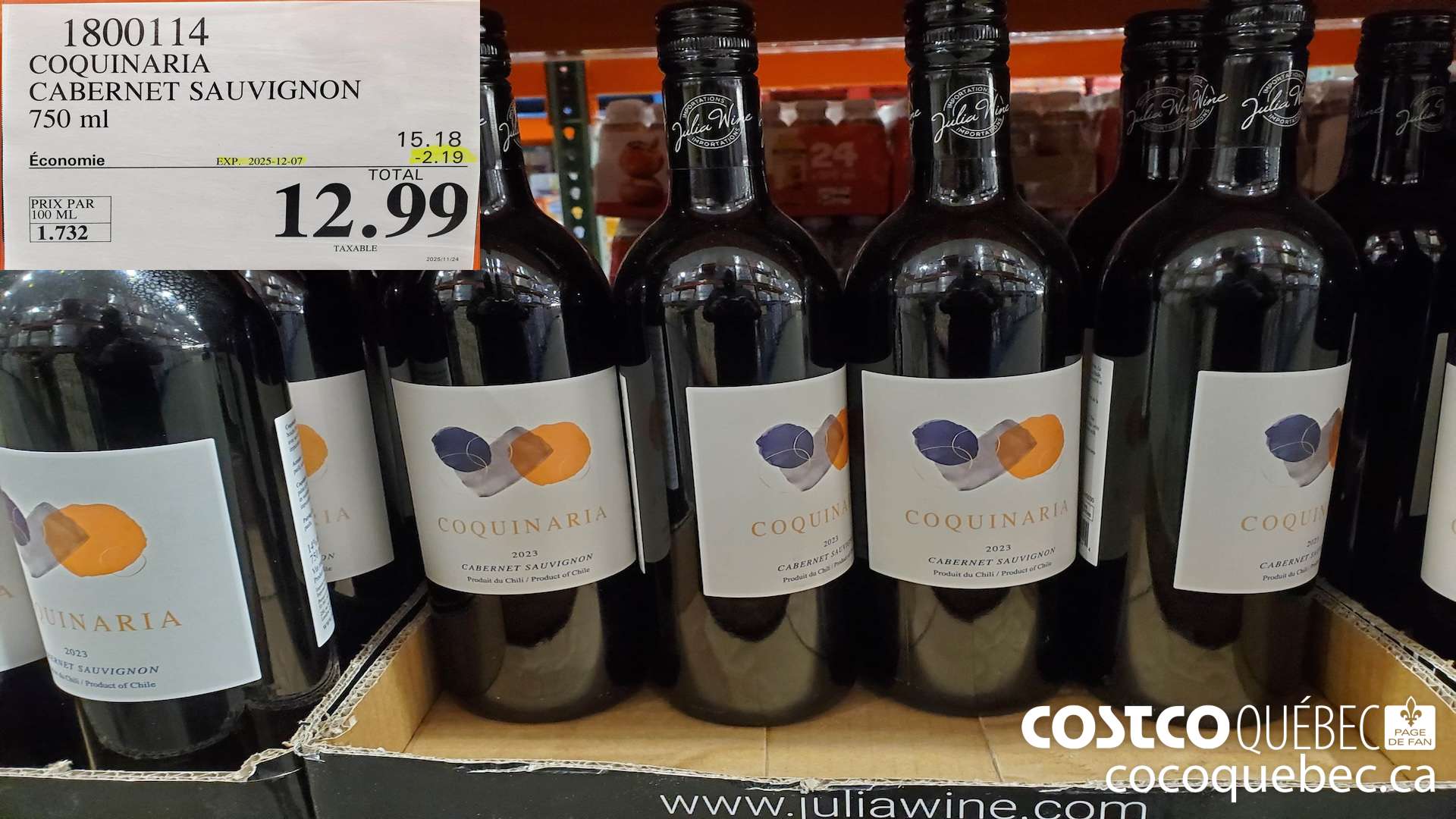 1800114 COQUINARIA CABERNET SAUVIGNON 750 mL  ($2.19 INSTANT SAVINGS EXPIRES ON 2025-12-07) $12.99