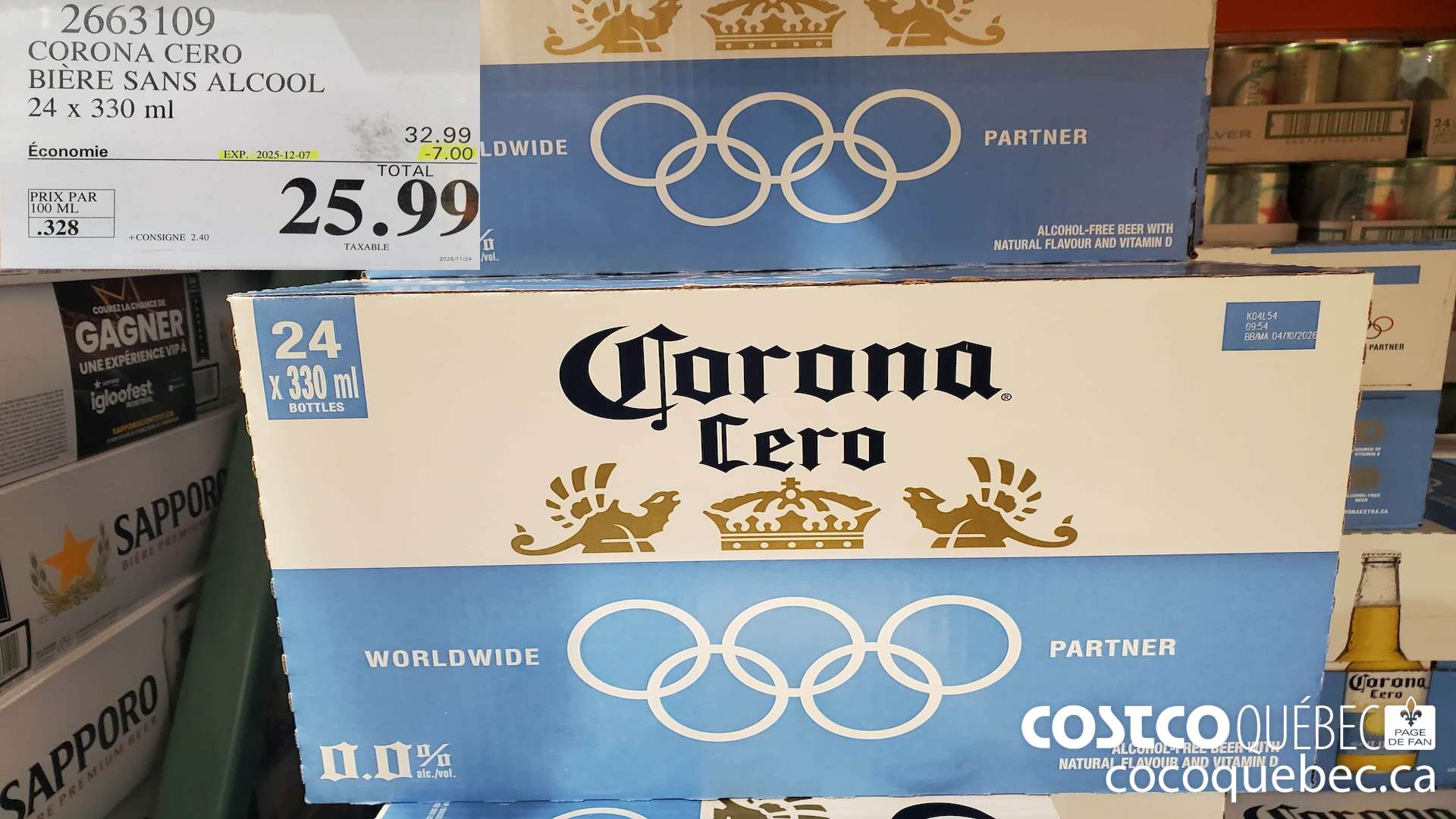 2663109 CORONA CERO BIERE SANS ALCOOL 24 x 330 ml ($7.00 INSTANT SAVINGS EXPIRES ON 2025-12-07) $25.99