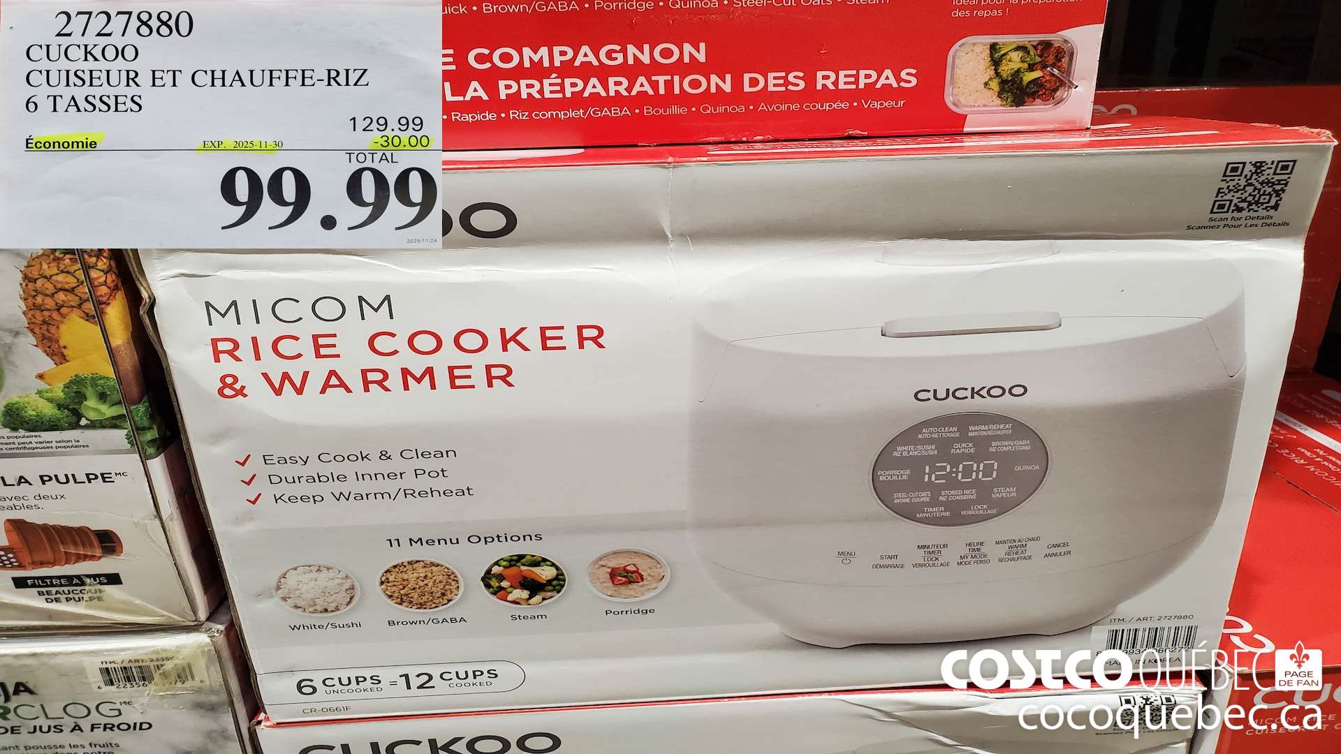 2727880 CUCKOO CUISEUR ET CHAUFFE-RIZ 6 TASSES  ($30.00 INSTANT SAVINGS EXPIRES ON 2025-11-30) $99.99