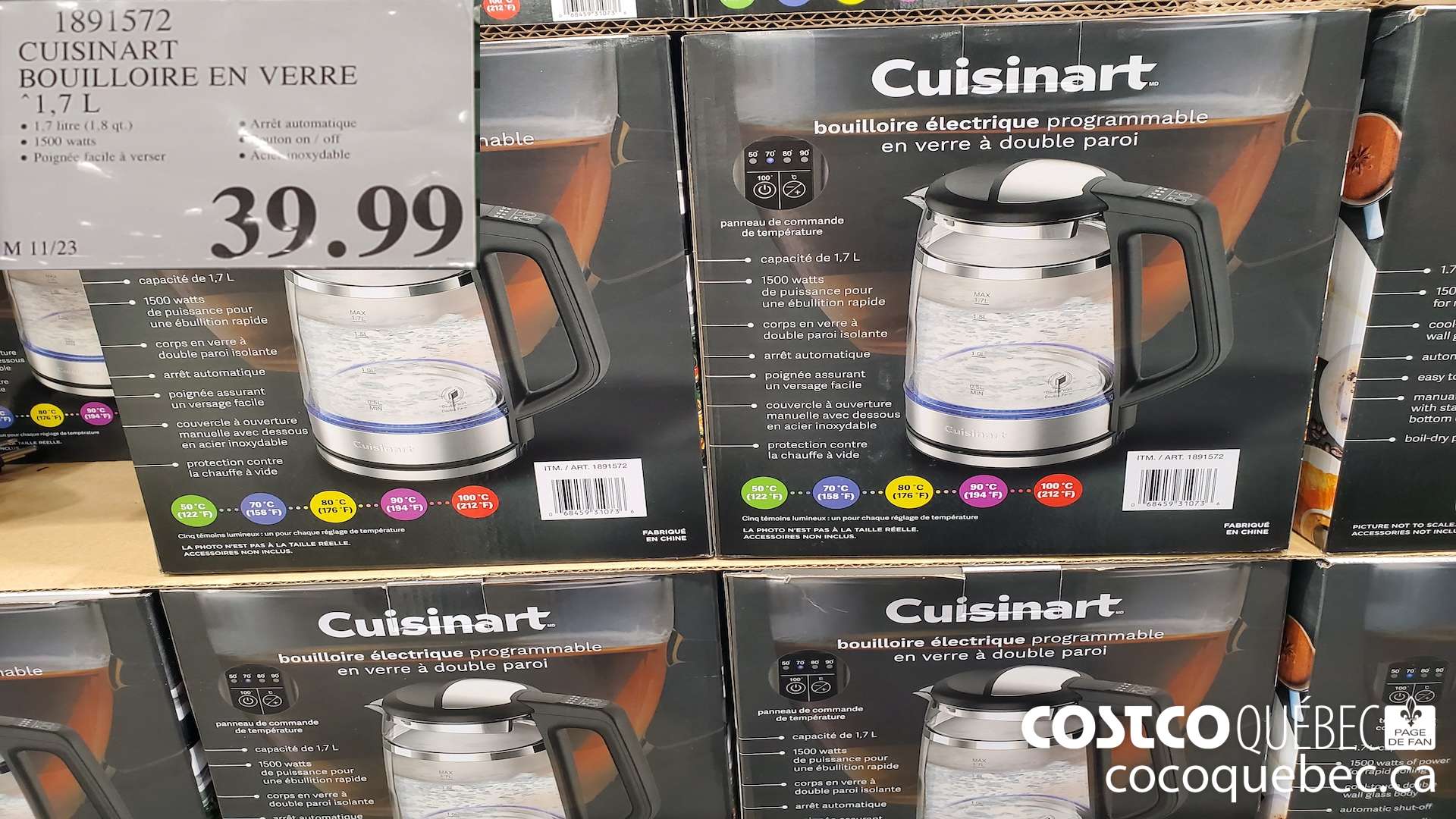 1891572 CUISINART BOUILLOIRE EN VERRE “1.7 L (1.8 PTES)  $39.99