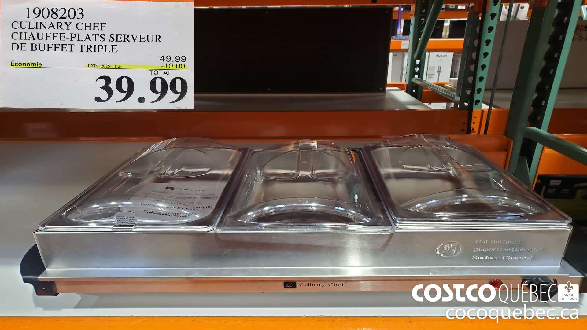 1908203 CULINARY CHEF CHAUFFE-PLATS SERVEUR DE BUFFET TRIPLE  ($10.00 INSTANT SAVINGS EXPIRES ON 2025-11-23) $39.99