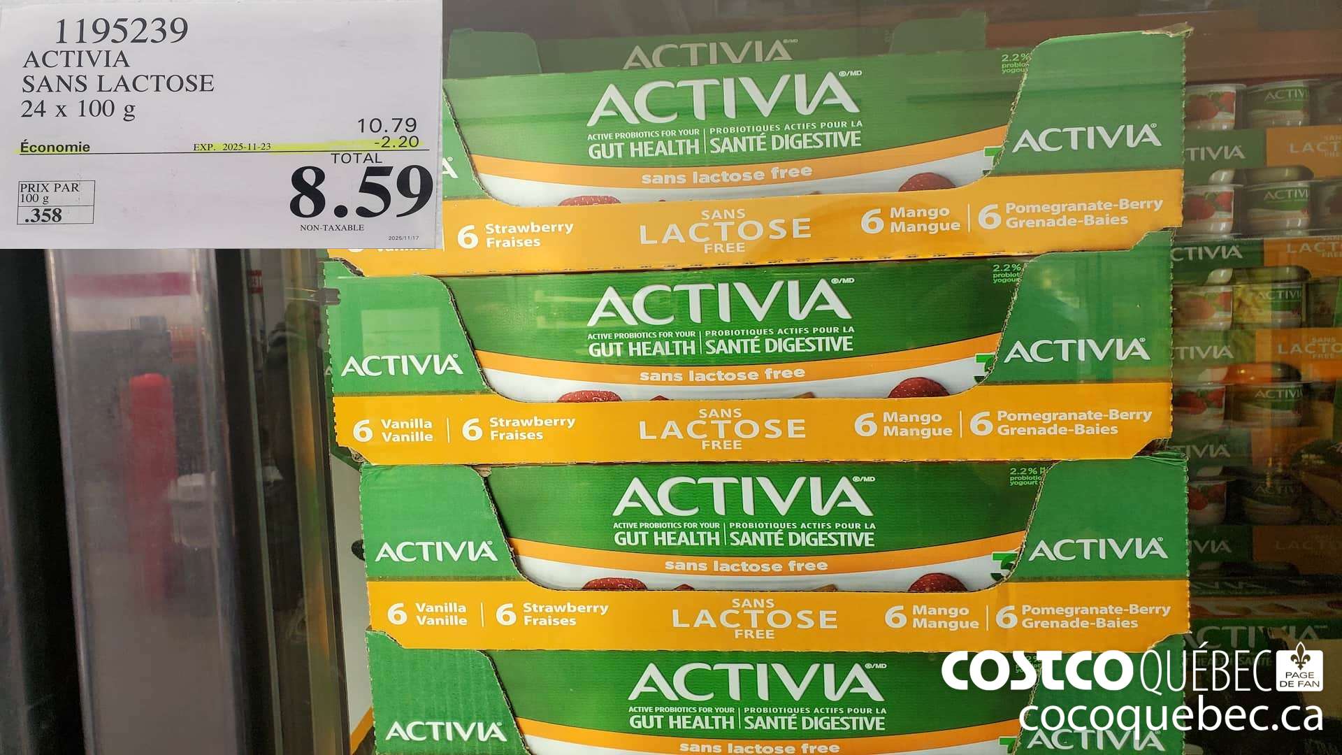 1195239 DANONE ACTIVIA SANS LACTOSE 24 x 100 g  ($2.20 INSTANT SAVINGS EXPIRES ON 2025-11-23) $8.59