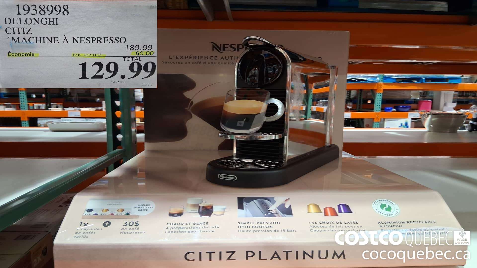 1938998 DELONGHI CITIZ MACHINE A NESPRESSO ($60.00 INSTANT SAVINGS EXPIRES ON 2025-11-23) $129.99