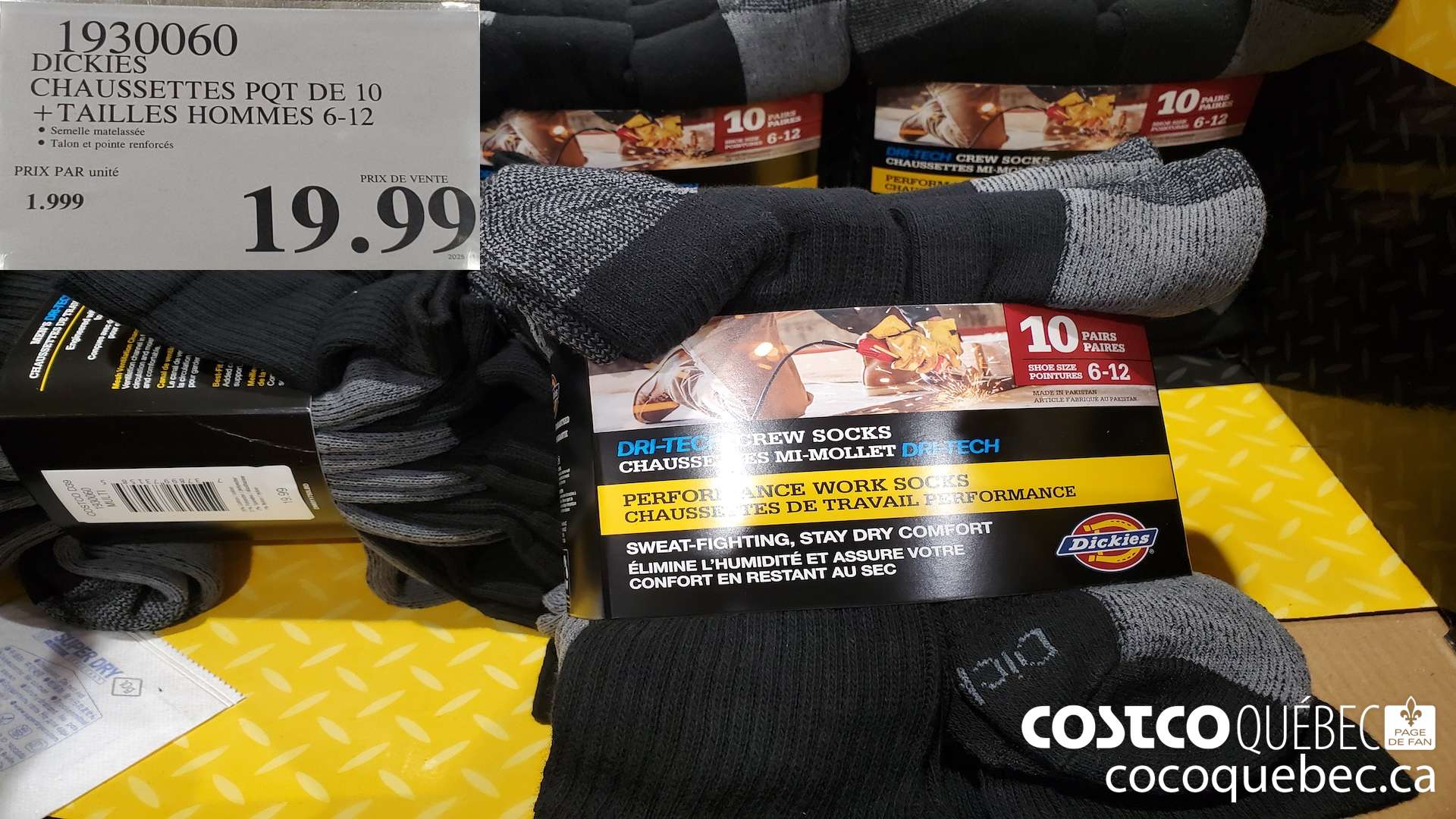1930060 DICKIES CHAUSSETTES POT DE 10 +TAILLES HOMMES 6-12  $19.99