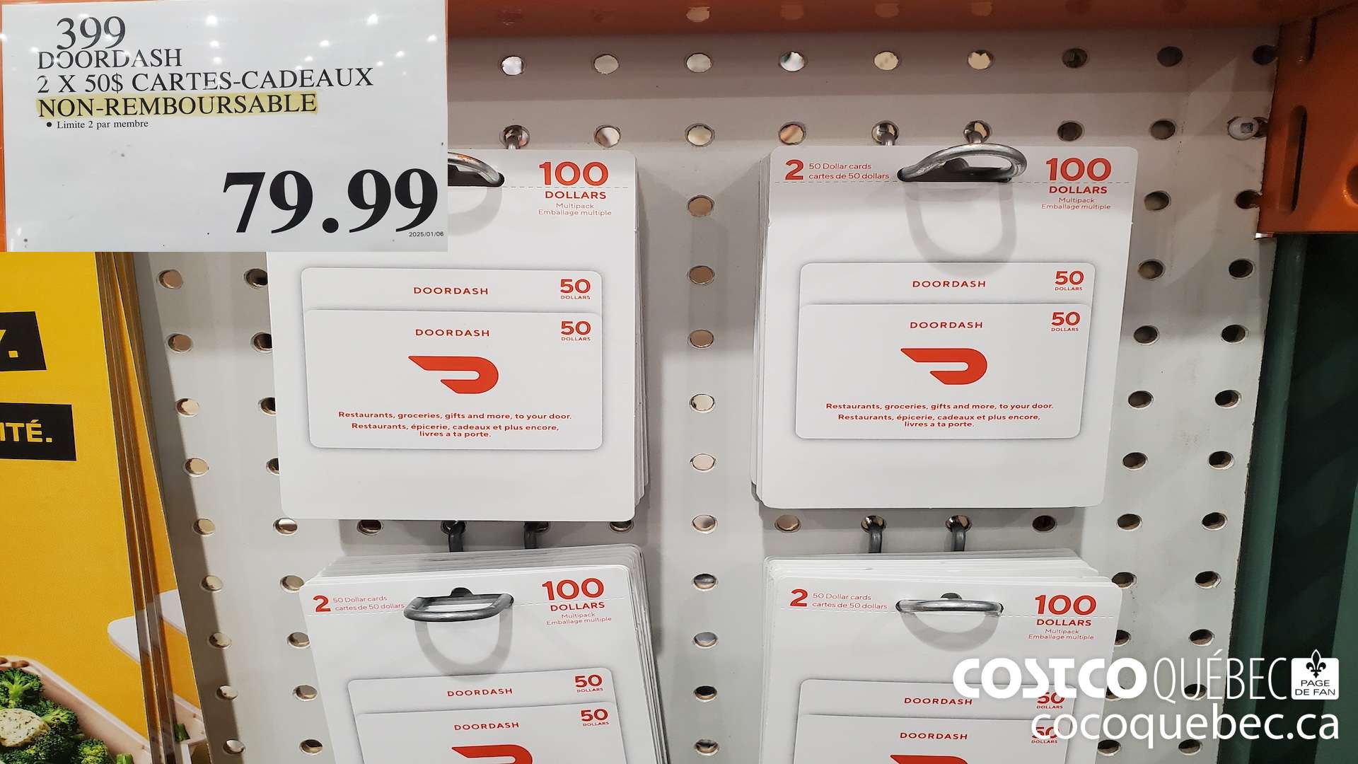 399 DOORDASH 2 X 50$ CARTES-CADEAUX NON-REMBOURSABLE  $79.99