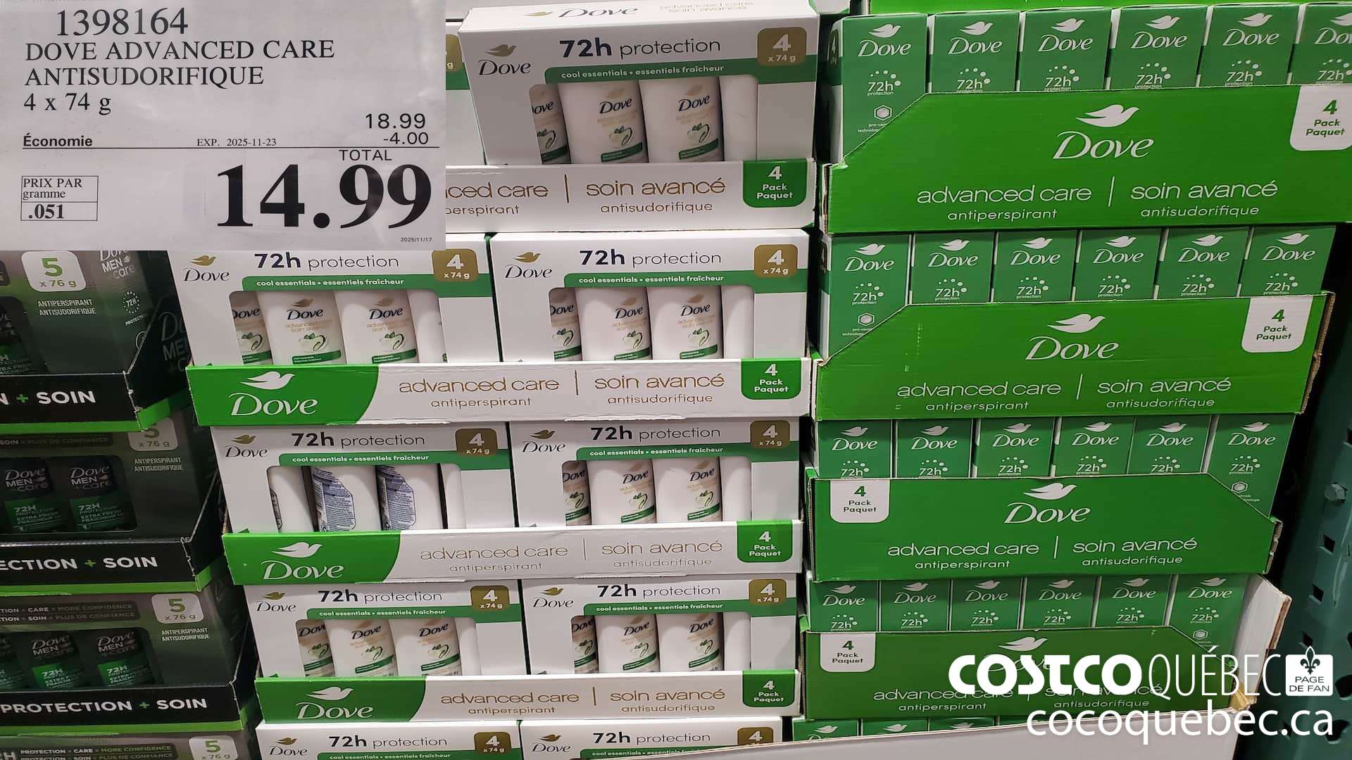 1398164 DOVE ADVANCED CARE ANTISUDORIFIQUE 4x74G ($4.00 INSTANT SAVINGS EXPIRES ON 2025-11-23) $14.99