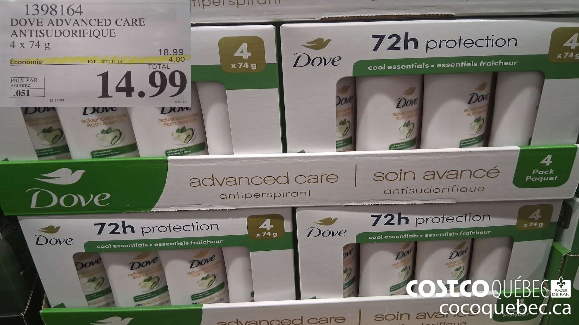 1398164 DOVE ADVANCED CARE ANTISUDORIFIQUE 4x74 ($4.00 INSTANT SAVINGS EXPIRES ON 2025-11-23) $14.99