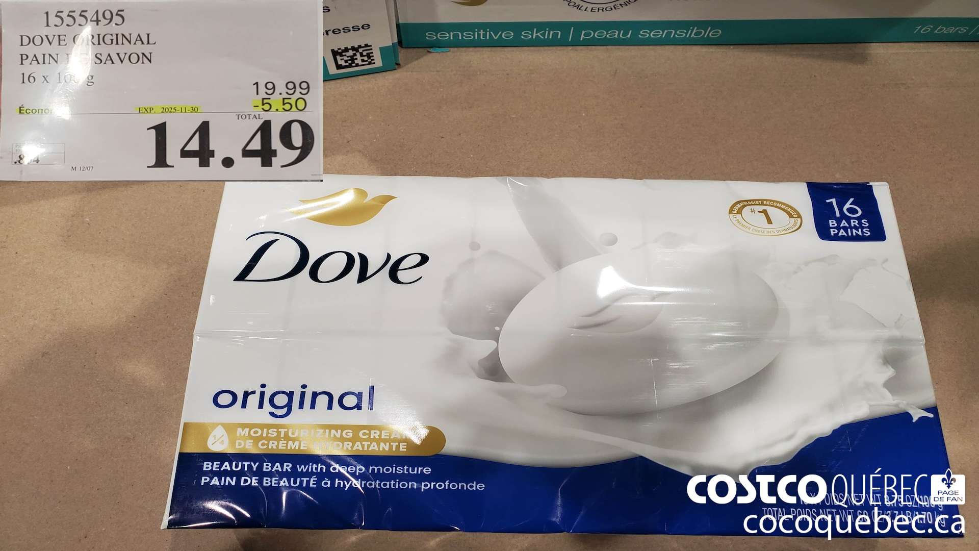 1555495 DOVE SAVONS ORIGINAL 16 x 106 g ($5.50 INSTANT SAVINGS EXPIRES ON 2025-11-30) $14.49