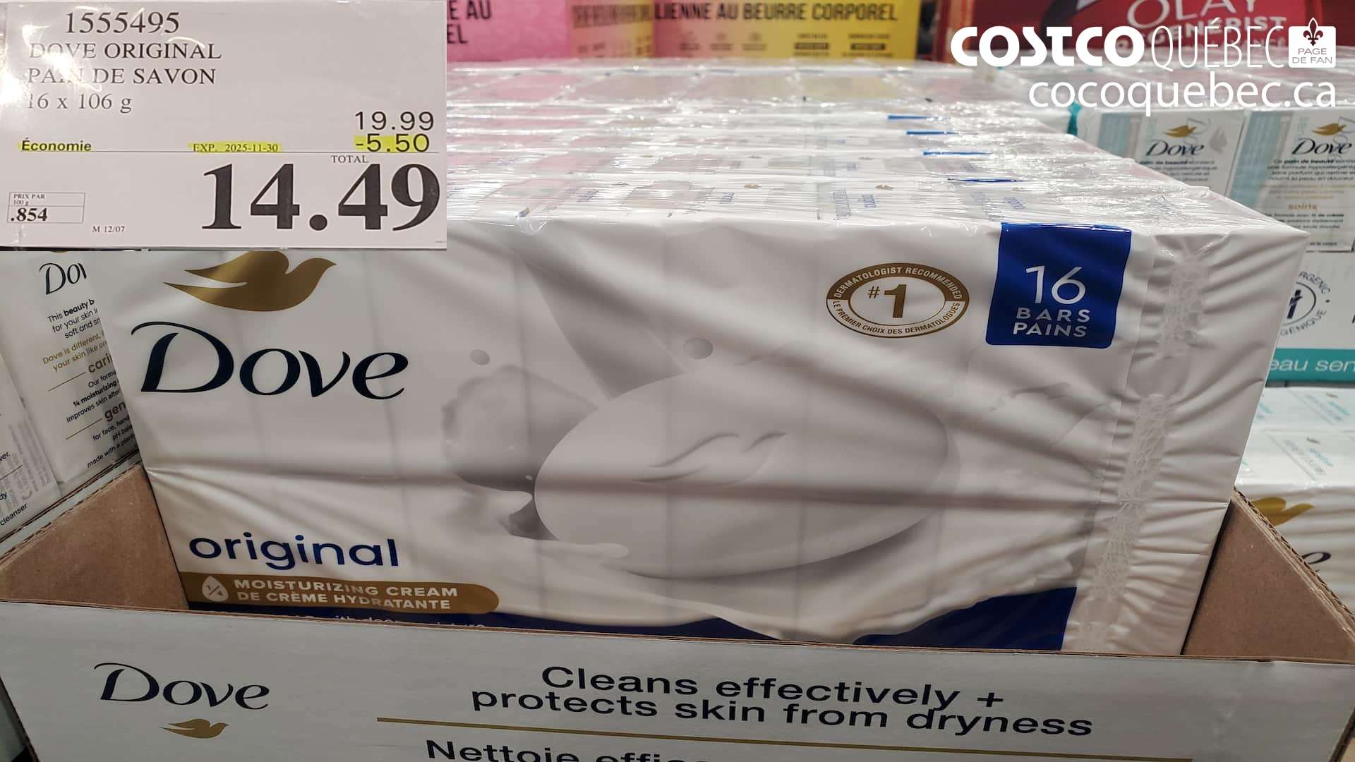 1555495 DOVE SAVONS ORIGINAL 16 x 106 g ($5.50 INSTANT SAVINGS EXPIRES ON 2025-11-30) $14.49