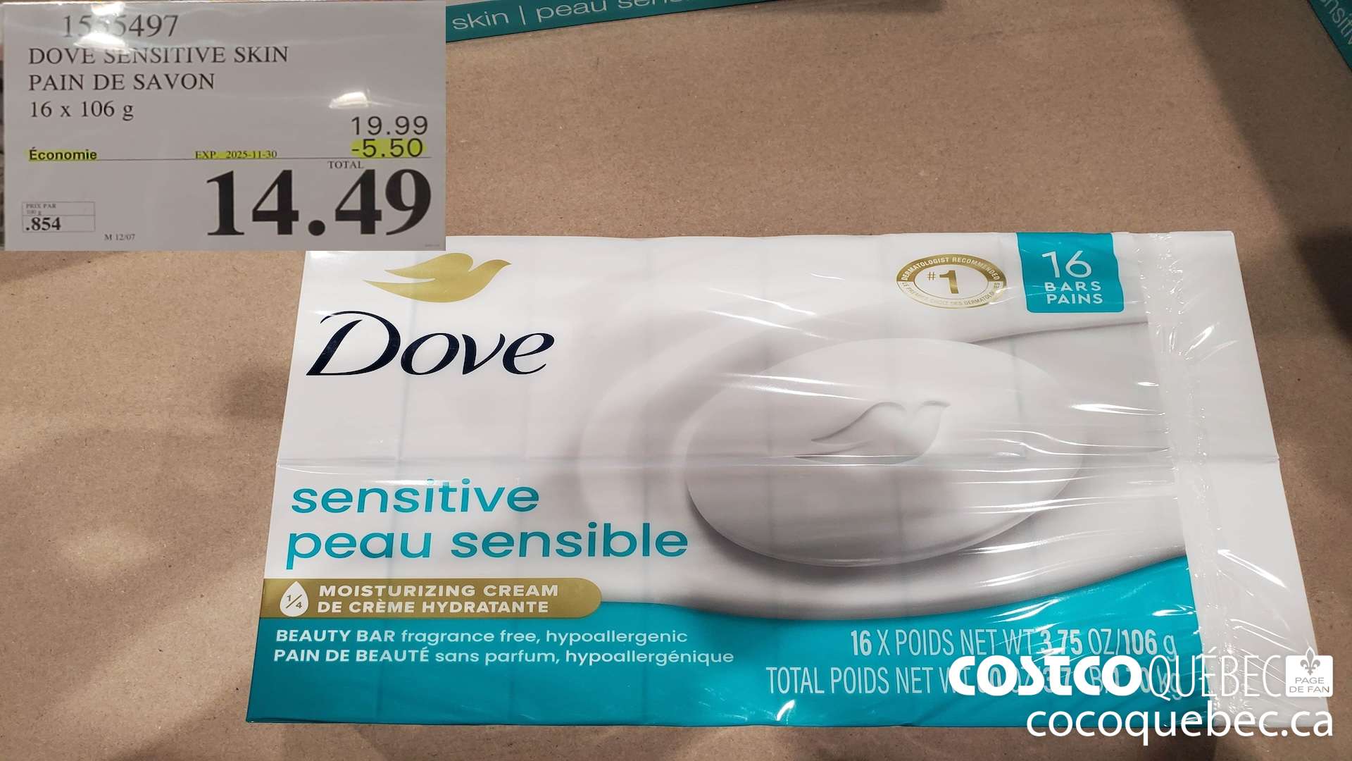 1555497 DOVE SENSITIVE SKIN PAIN DE SAVON  ($5.50 INSTANT SAVINGS EXPIRES ON 2025-11-30) $14.49