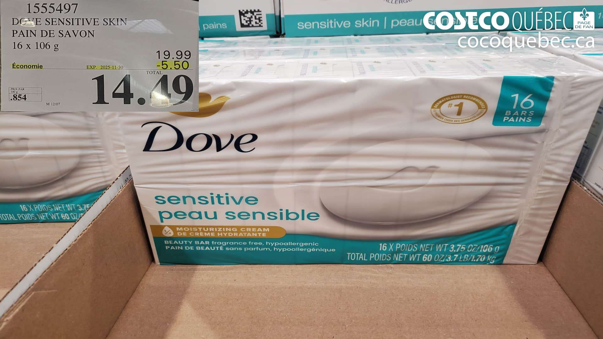 1555497 DOVE SENSITIVE SKIN PAIN DE SAVON  ($5.50 INSTANT SAVINGS EXPIRES ON 2025-11-30) $14.49