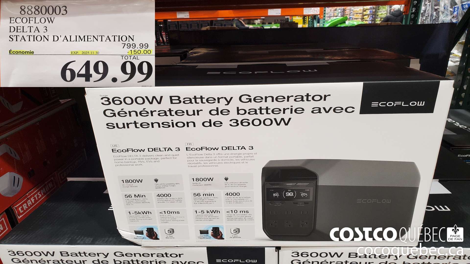 8880003 ECOFLOW DELTA 3 STATION D'ALIMENTATION  ($150.00 INSTANT SAVINGS EXPIRES ON 2025-11-30) $649.99