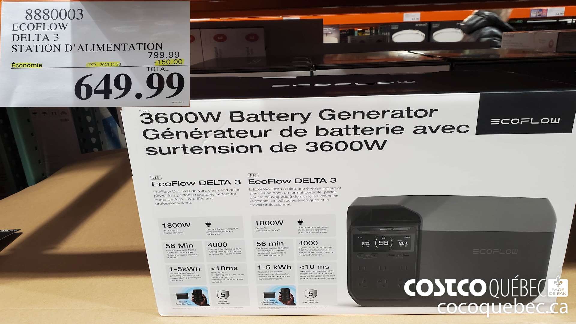 8880003 ECOFLOW DELTA 3 STATION D'ALIMENTATION  ($150.00 INSTANT SAVINGS EXPIRES ON 2025-11-30) $649.99