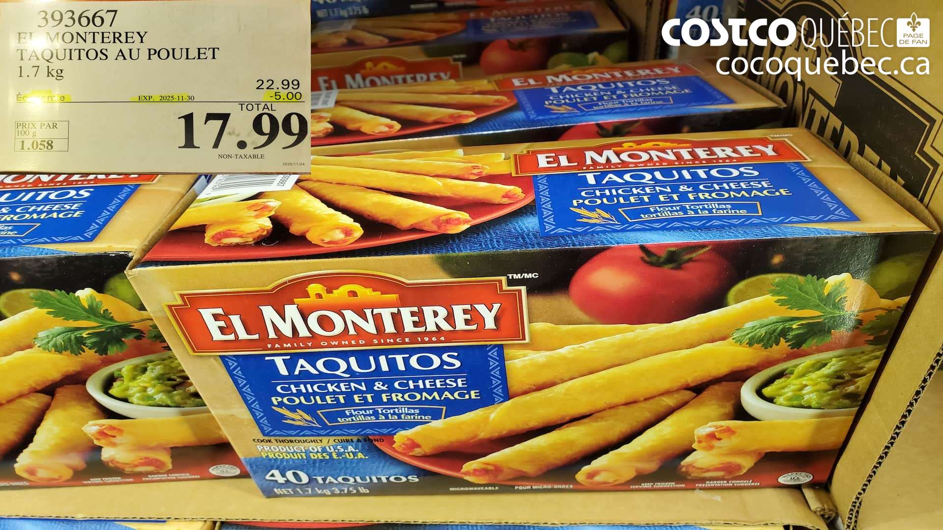 393667 EL MONTEREY TAQUITOS AU POULET 1.7KG ($5.00 INSTANT SAVINGS EXPIRES ON 2025-11-30) $17.99