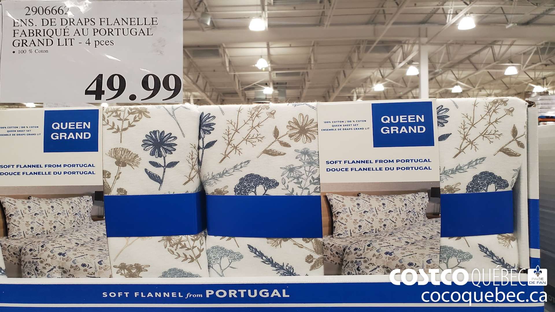 2906662 ENS. DE DRAPS FLANELLE FABRIQUE AU PORTUGAL GRAND LIT - 4 pces $49.99