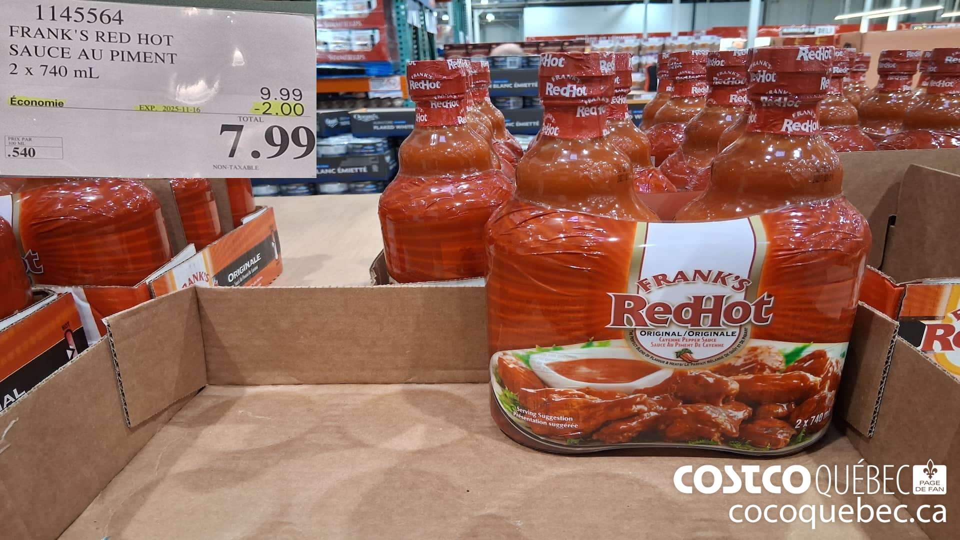 1145564 FRANKS RED HOT SAUCE AU PIMENT 2 x 740 mL ($2.00 INSTANT SAVINGS EXPIRES ON 2025-11-16) $7.99