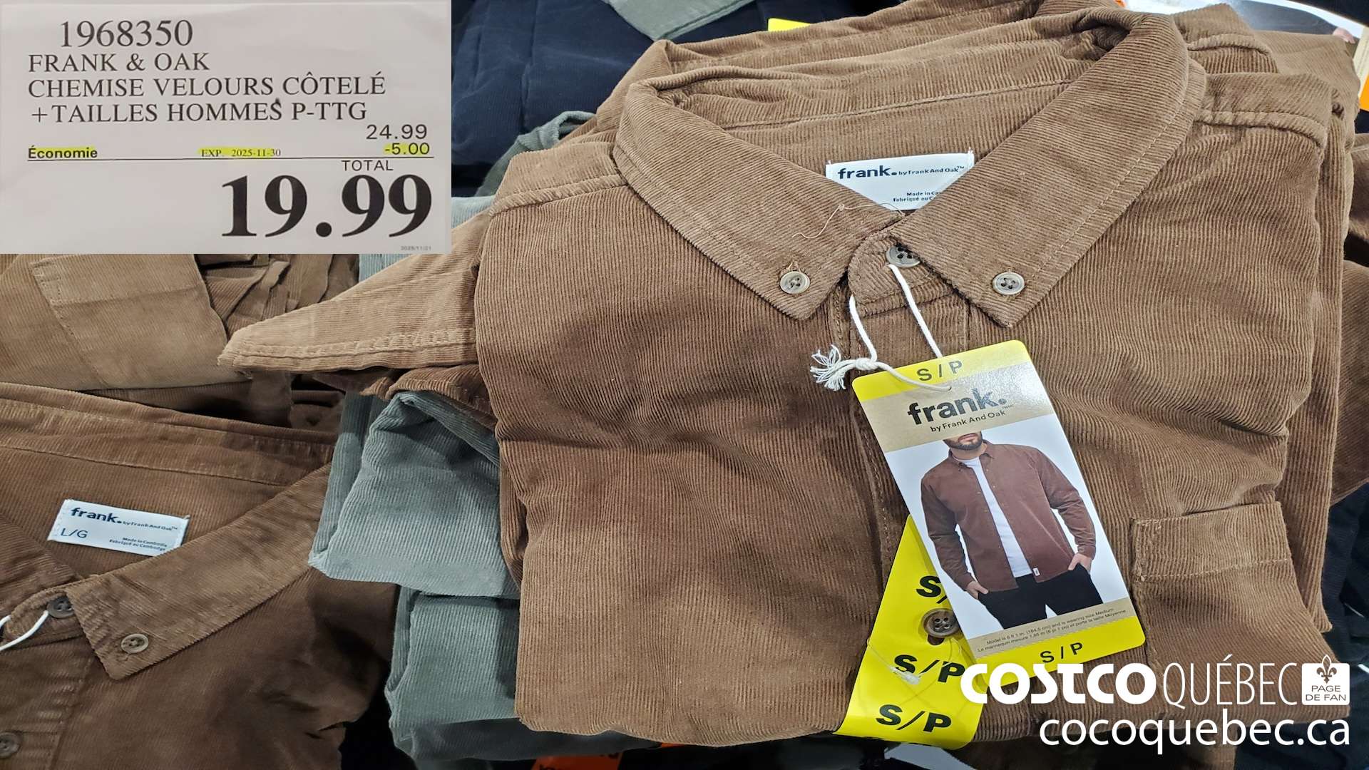 1968350 FRANK & OAK CHEMISE VELOURS COTELE + TAILLES HOMMES P-TTG  ($5.00 INSTANT SAVINGS EXPIRES ON 2025-11-30) $19.99