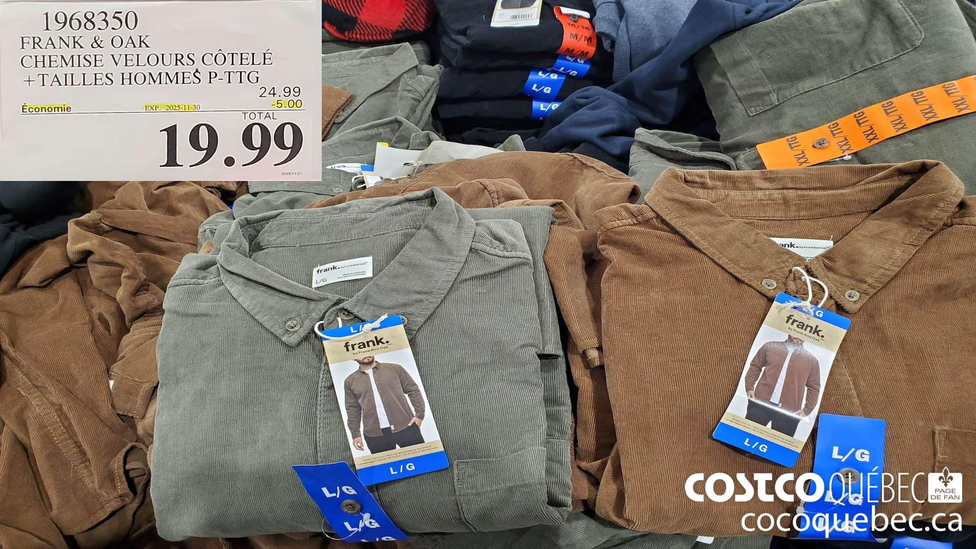 1968350 FRANK & OAK CHEMISE VELOURS COTELE + TAILLES HOMMES P-TTG  ($5.00 INSTANT SAVINGS EXPIRES ON 2025-11-30) $19.99