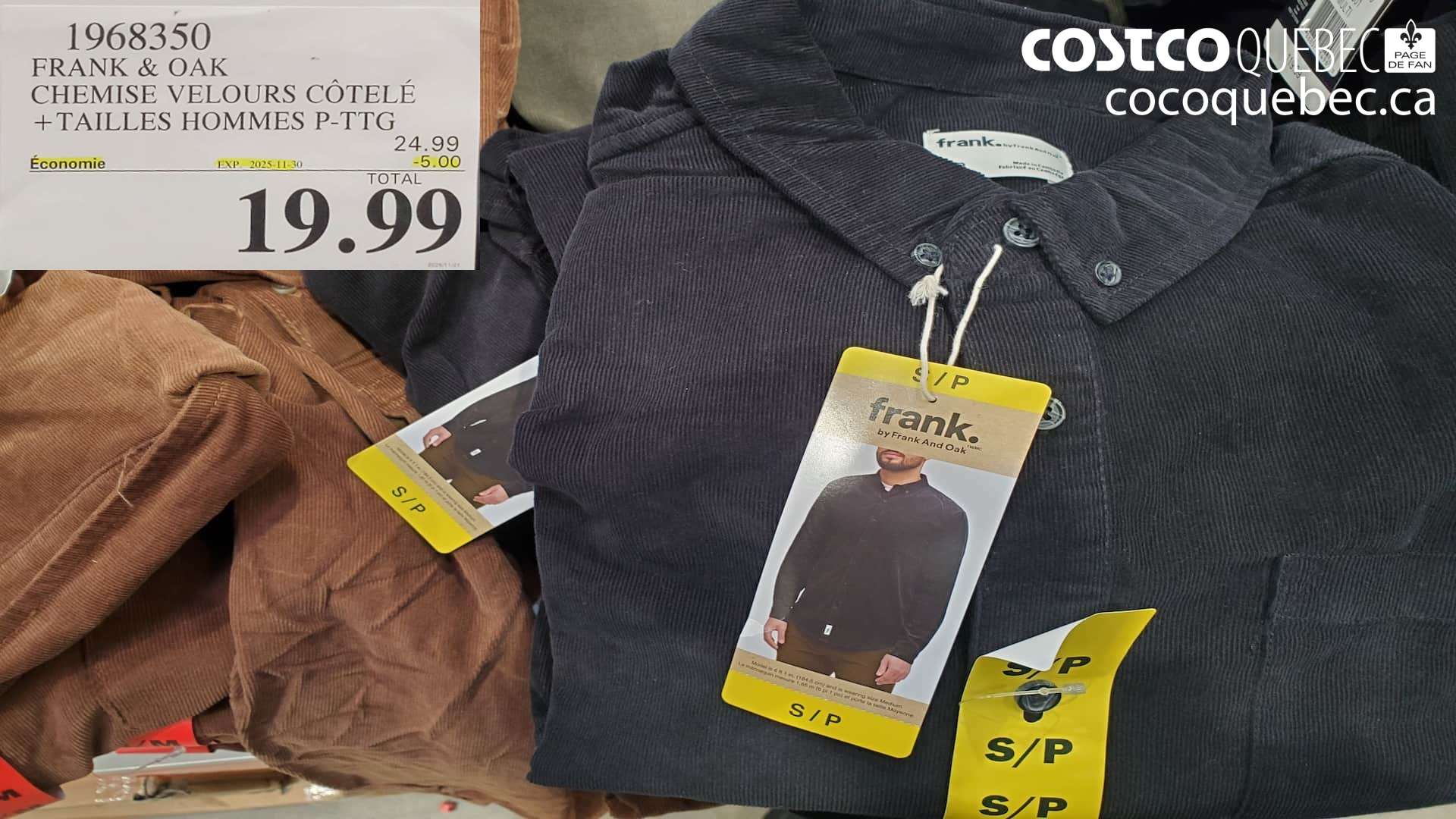 1968350 FRANK & OAK CHEMISE VELOURS COTELE + TAILLES HOMMES P-TTG  ($5.00 INSTANT SAVINGS EXPIRES ON 2025-11-30) $19.99