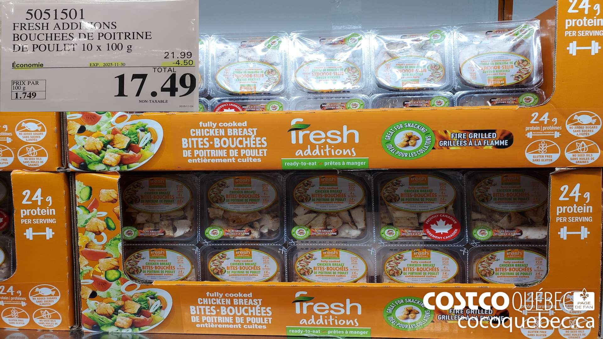 5051501 FRESH ADDITIONS BOUCHEES DE POITRINE DE POULET 10 x 100 g ($4.50 INSTANT SAVINGS EXPIRES ON 2025-11-30) $17.49