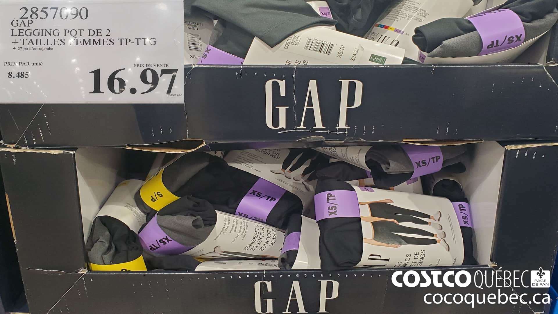 2857090 GAP LEGGING PQT DE 2 TAILLES FEMMES TP-TTG $16.97