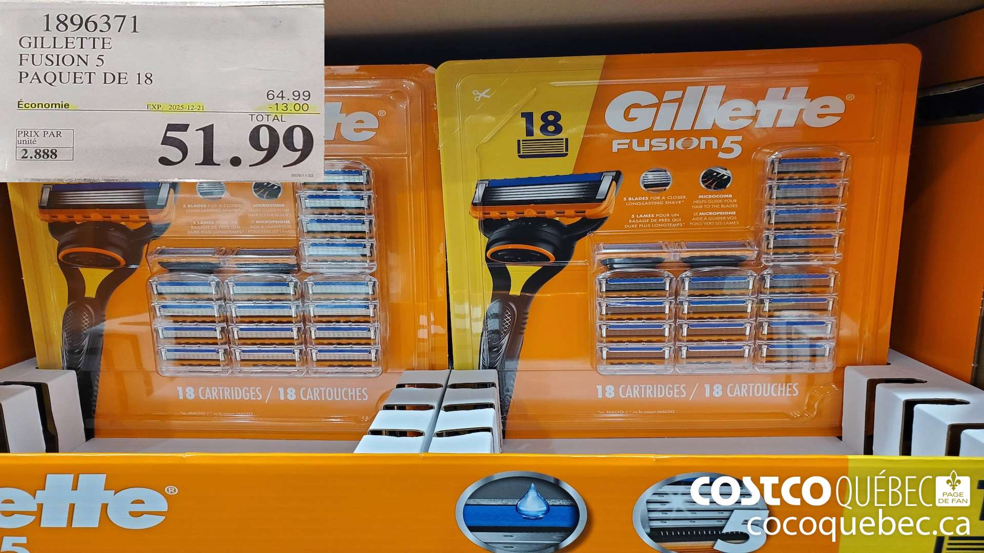 1896371 GILLETTE FUSION 5 PAQUET DE 18 ($13.00 INSTANT SAVINGS EXPIRES ON 2025-12-21) $51.99