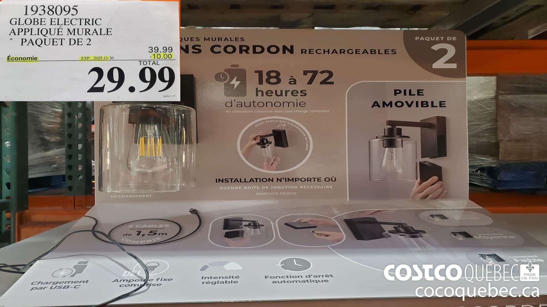 1938095 GLOBE ELECTRIC APPLIQUE MURALE PAQUET DE 2 ($10.00 INSTANT SAVINGS EXPIRES ON 2025-11-30) $29.99