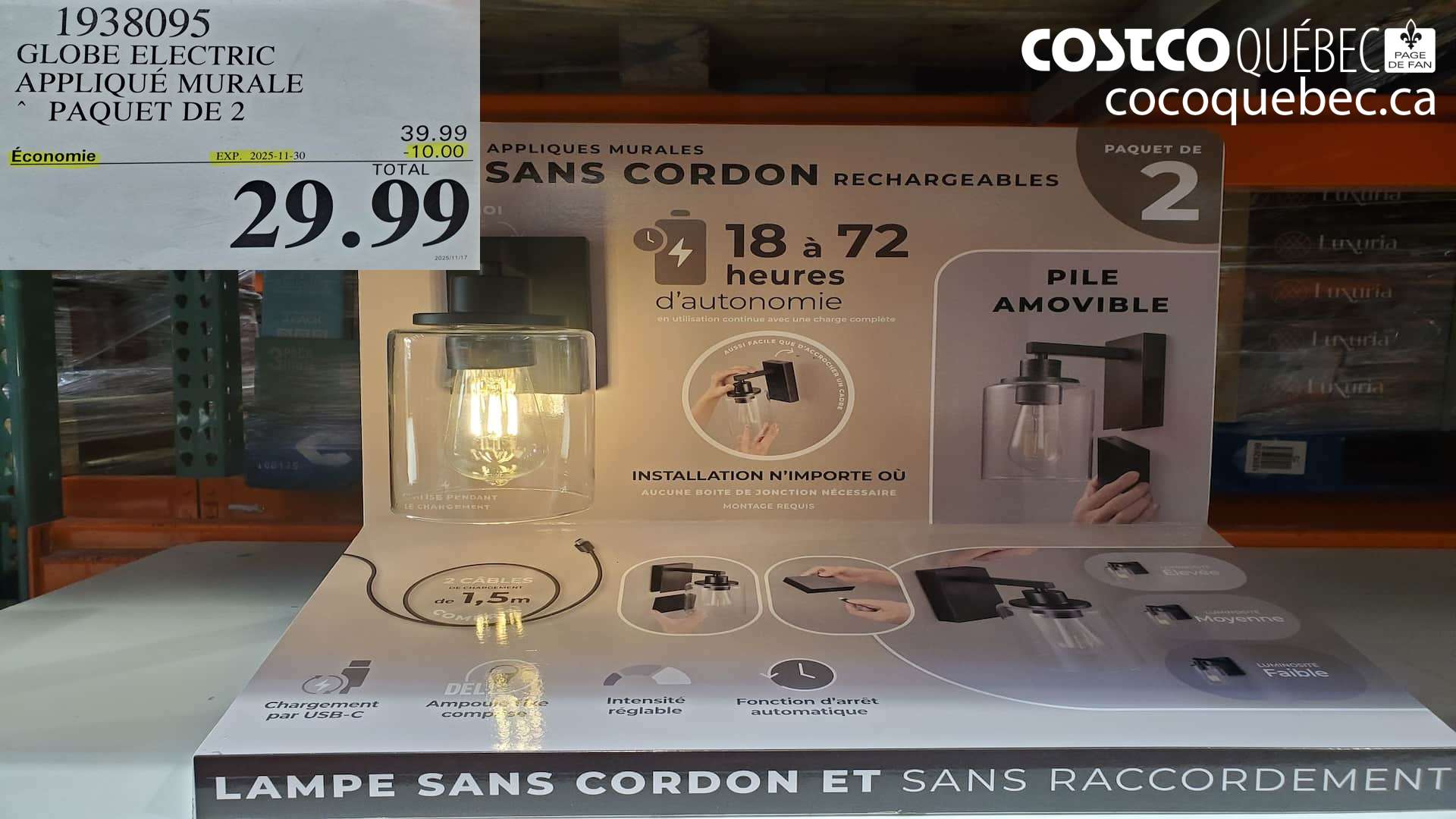 1938095 GLOBE ELECTRIC APPLIQUE MURALE PAQUET DE 2 ($10.00 INSTANT SAVINGS EXPIRES ON 2025-11-30) $29.99