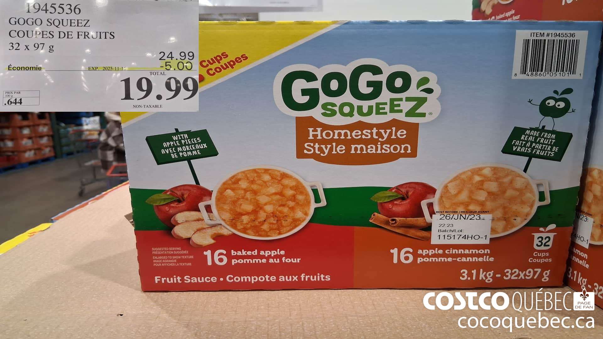 1945536 GOGO SQUEEZ COUPES DE FRUITS 32 x 97 G  ($5.00 INSTANT SAVINGS EXPIRES ON 2025-11-16) $19.99