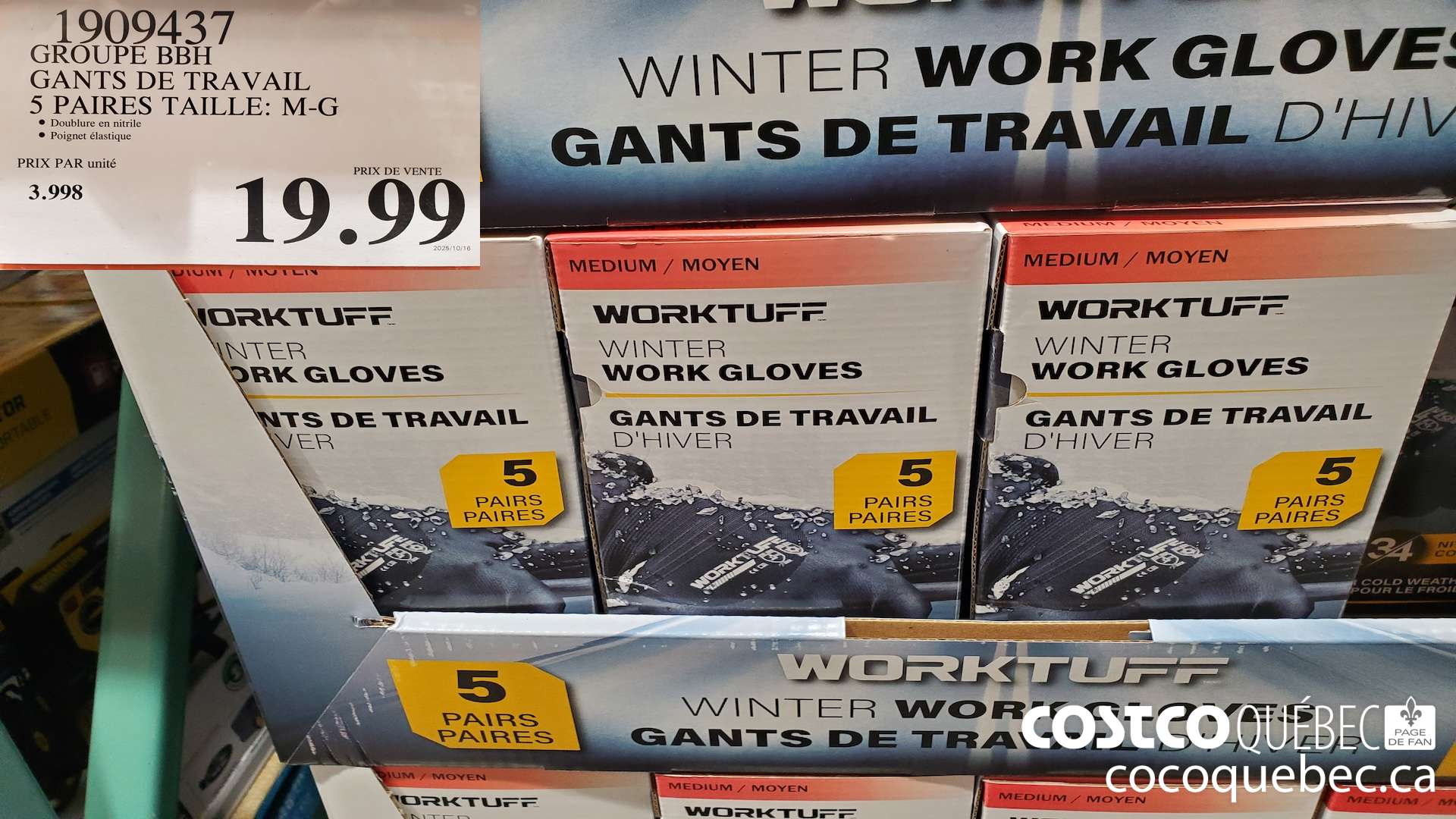 1909437 GROUPE BBH GANTS DE TRAVAIL 5 PAIRES TAILLE: M-G $19.99