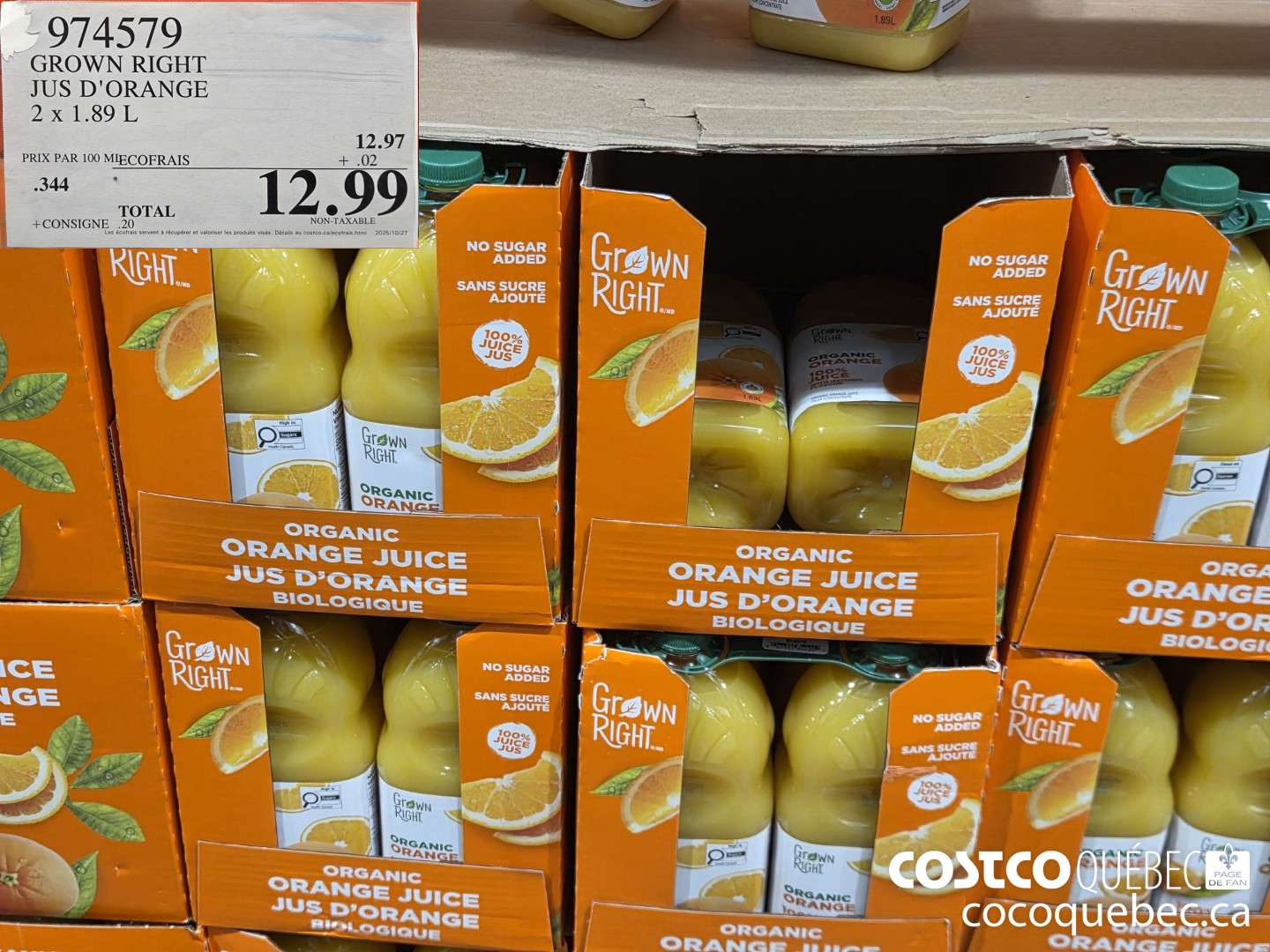 974579 GROWN RIGHT JUS D'ORANGE 2 x 1.89 L $12.99