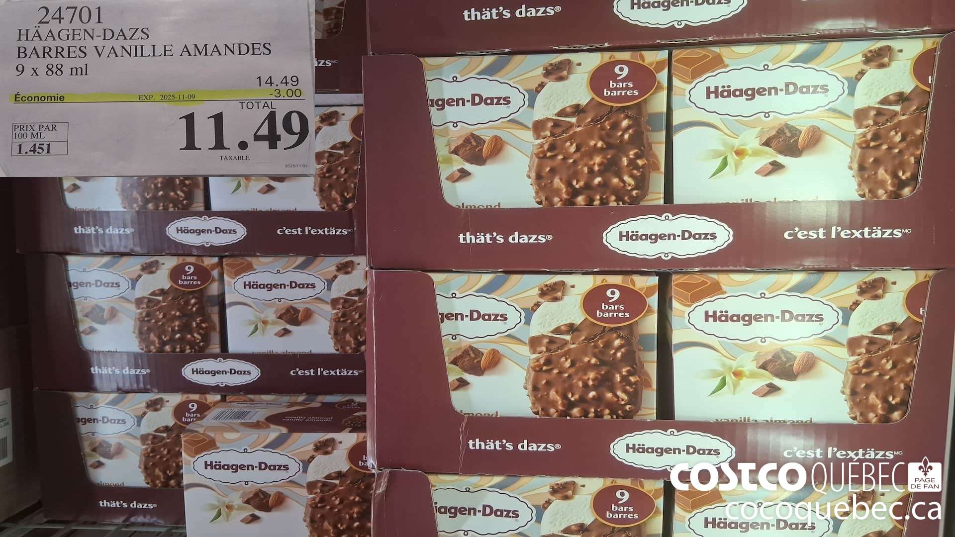 24701 HAAGAN -DAZS BARRES VANILLE AMANDES 9 x 88 mL ($3.00 INSTANT SAVINGS EXPIRES ON 2025-11-09) $11.49