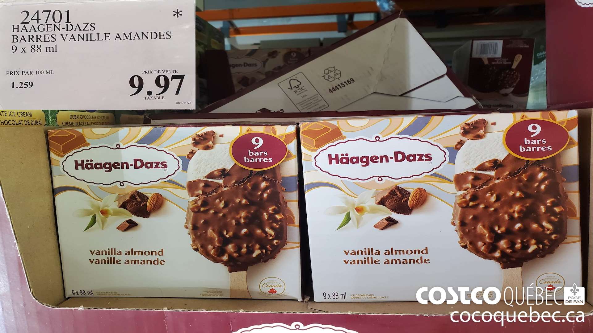 24701 HAAGAN -DAZS BARRES VANILLE AMANDES 9 x 88 mL $9.97