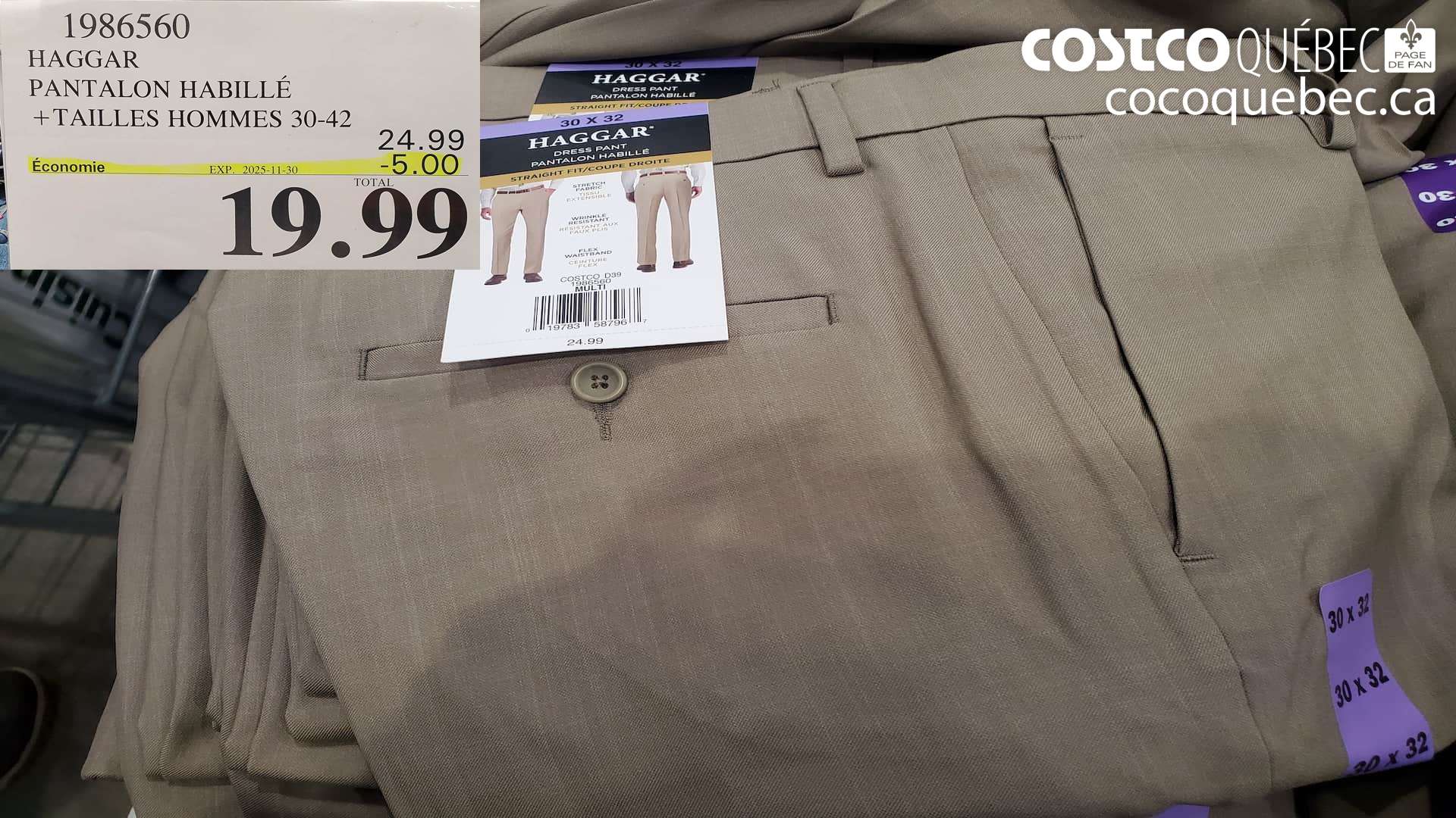 1986560 HAGGAR PANTALON HABILLE +TAILLES HOMMES 30-42  ($5.00 INSTANT SAVINGS EXPIRES ON 2025-11-30) $19.99