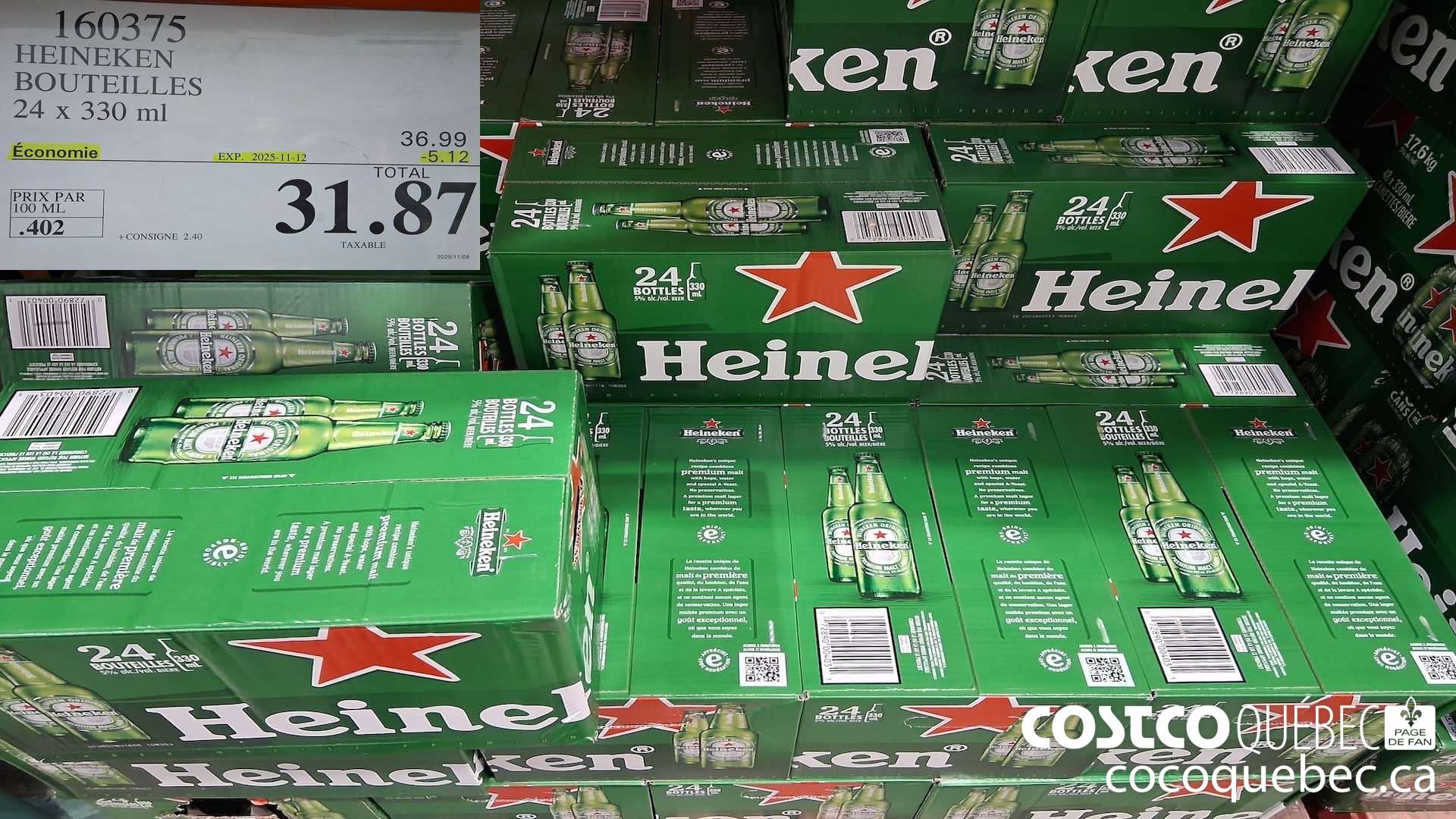 160375 HEINEKEN BOUTEILLES 24 x 330 ml  ($5.12 INSTANT SAVINGS EXPIRES ON 2025-11-12) $31.87