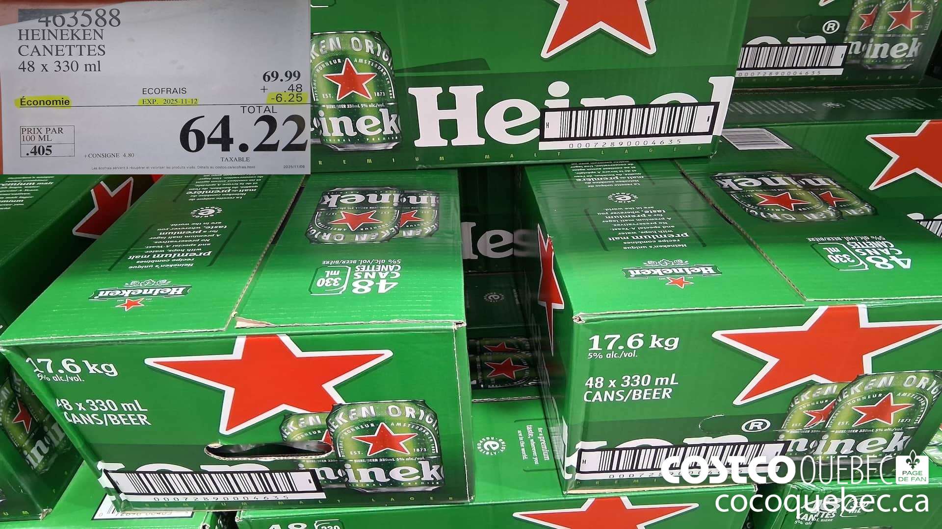 463588 HEINEKEN CANETTES 48 X 330 ML ($6.25 INSTANT SAVINGS EXPIRES ON 2025-11-12) $64.22