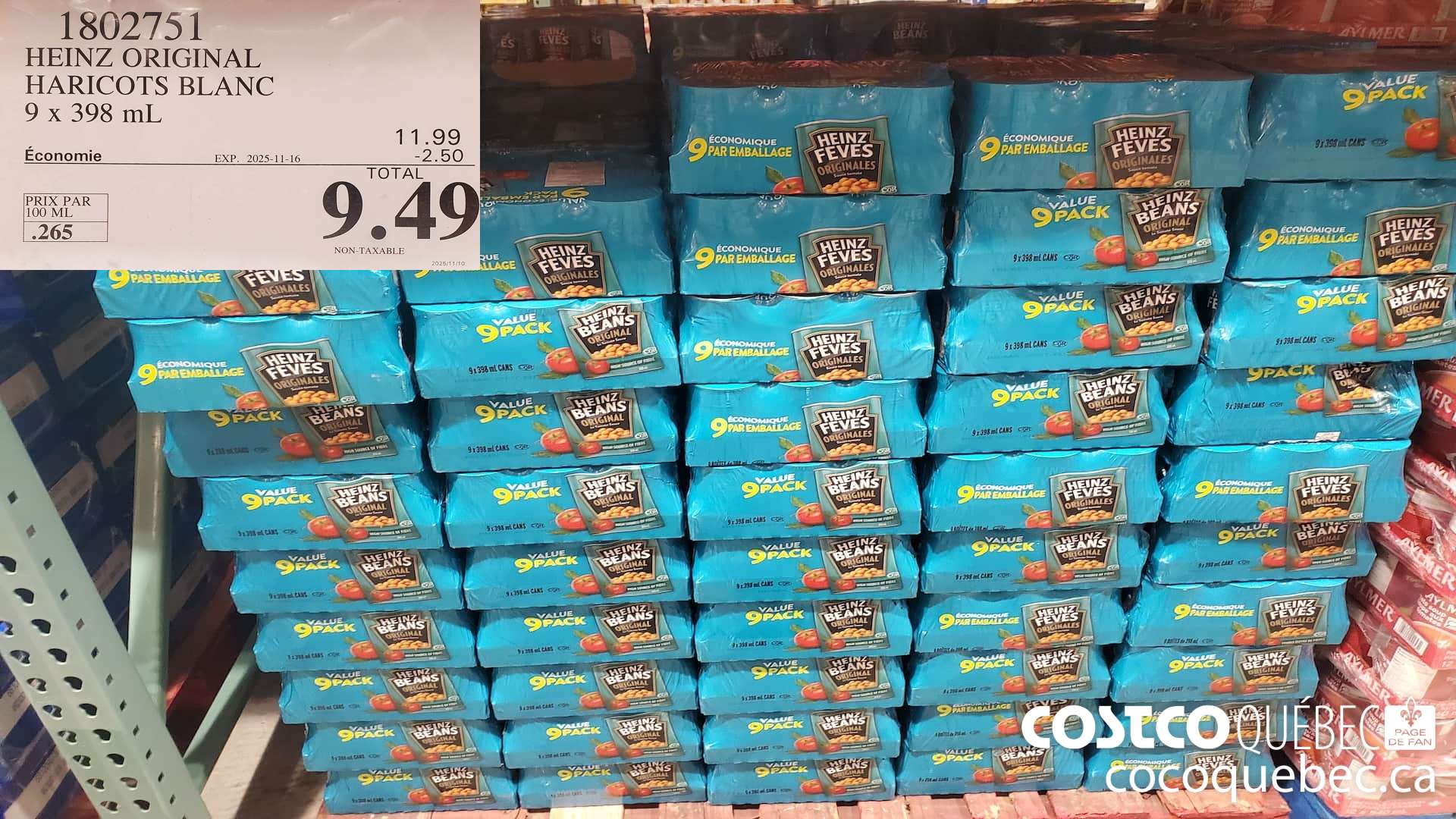 1802751 HEINZ ORIGINAL HARICOTS BLANC 9 X 398ML ($2.50 INSTANT SAVINGS EXPIRES ON 2025-11-16) $9.49
