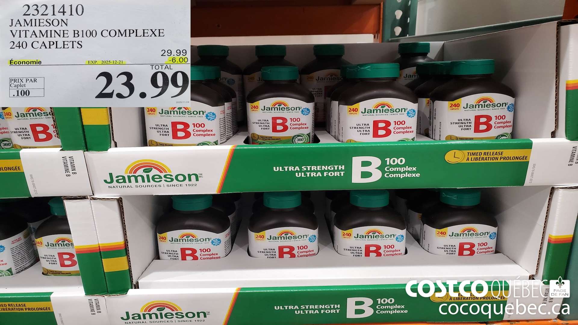 2321410 JAMIESON VITAMINE B100 COMPLEXE 240 CAPLETS  ($6.00 INSTANT SAVINGS EXPIRES ON 2025-12-21) $23.99