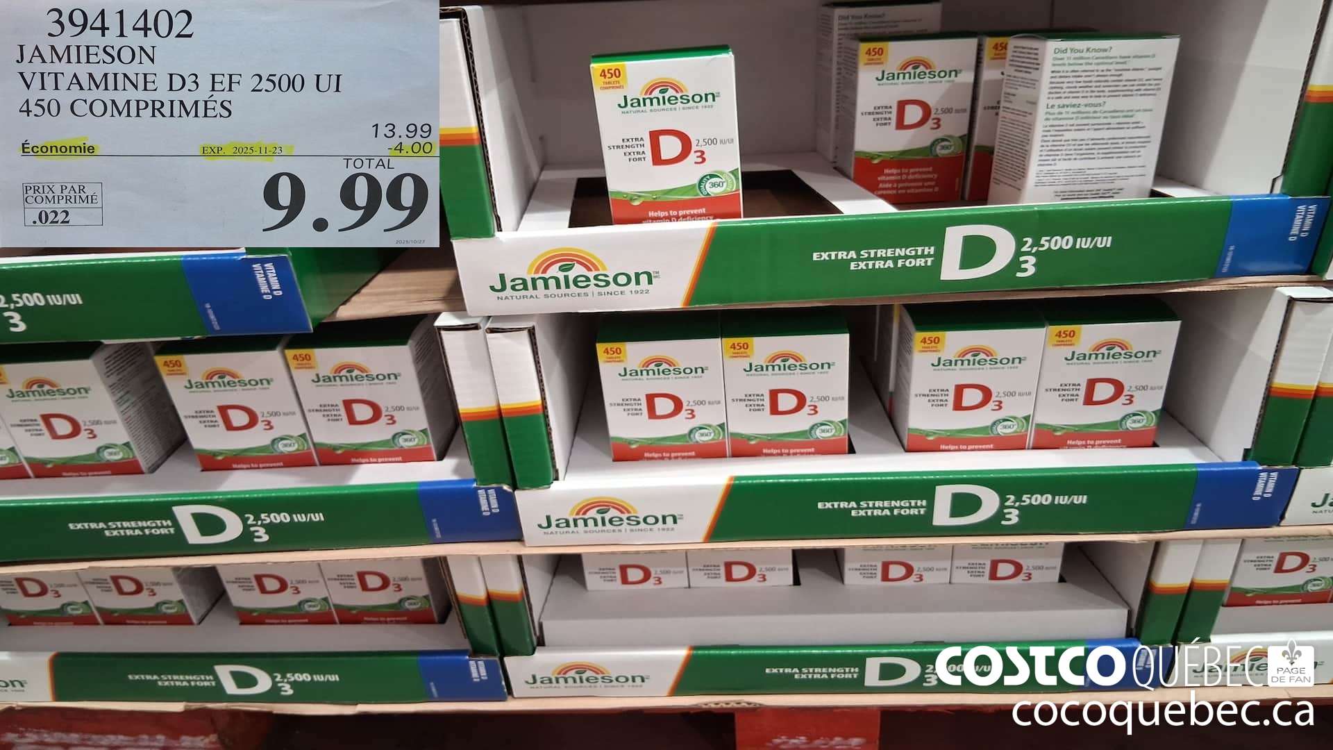 3941402 JAMIESON VITAMINE D3 EF 2500 UI 450 COMPRIMES  ($4.00 INSTANT SAVINGS EXPIRES ON 2025-11-23) $9.99