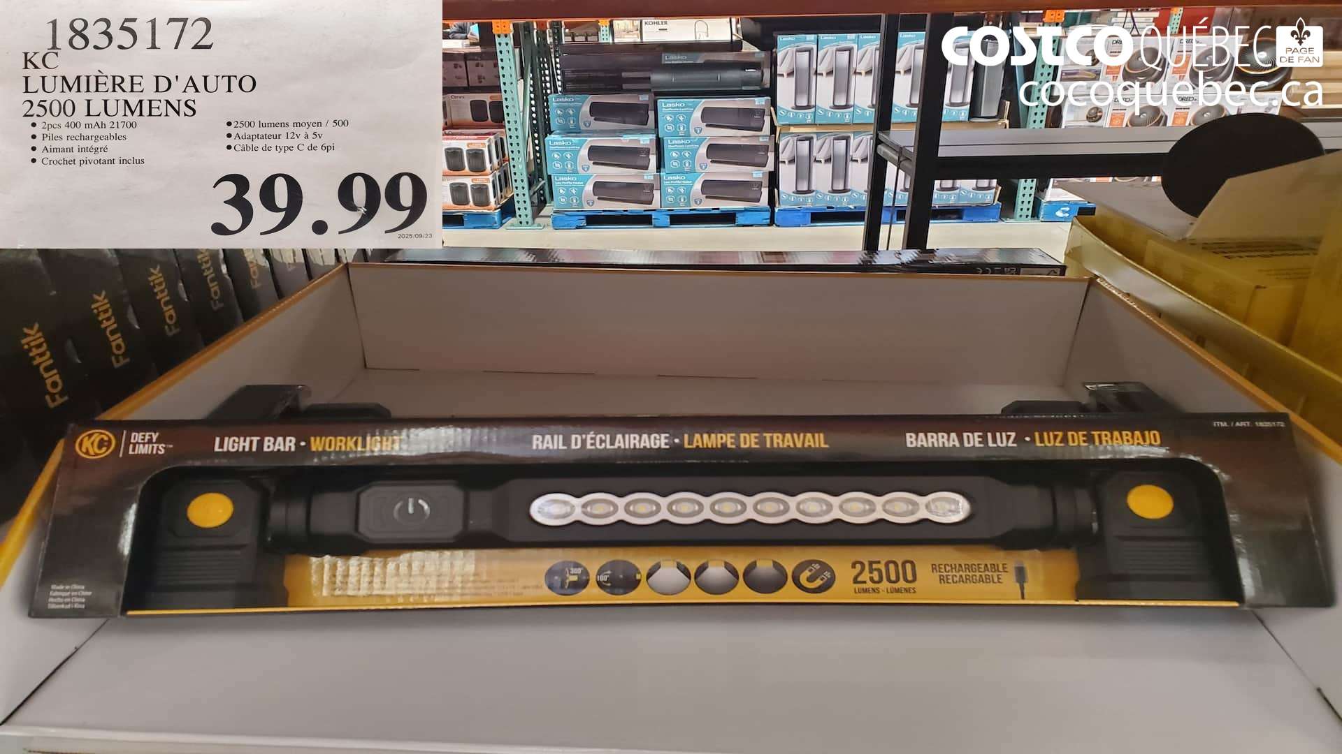 1835172 KC LUMIERE D'AUTO 2500 LUMENS  $39.99