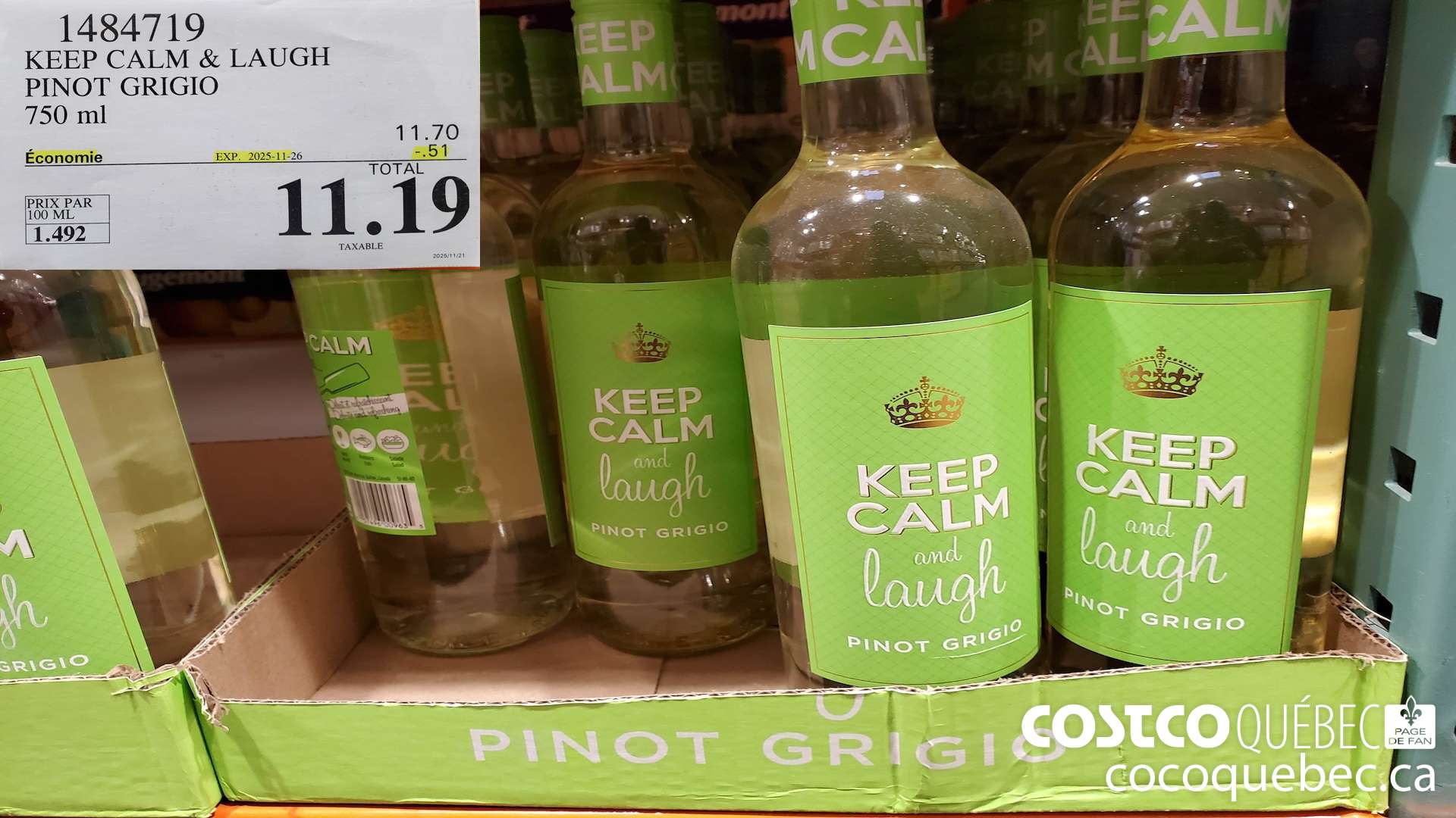 1484719 KEEP CALM & LAUGH PINOT GRIGIO, ITALIE 750 mL ($0.51 INSTANT SAVINGS EXPIRES ON 2025-11-26) $11.19