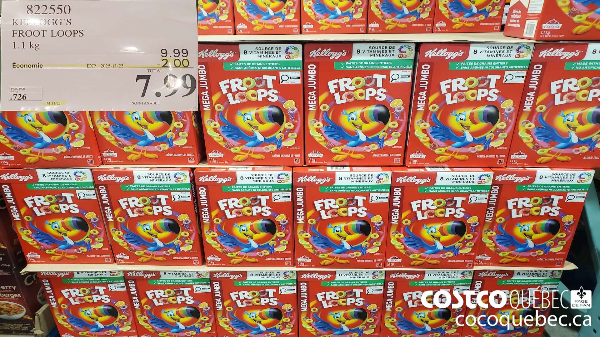 822550 KELLOGG'S FROOT LOOPS 1.1 kg  ($2.00 INSTANT SAVINGS EXPIRES ON 2025-11-23) $7.99