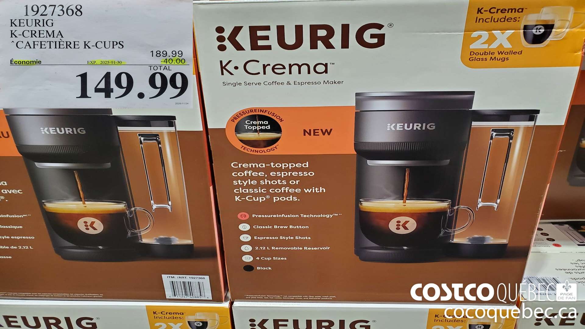 1927368 KEURIG K-CREMA “CAFETIERE K-CUPS ($40.00 INSTANT SAVINGS EXPIRES ON 2025-11-30) $149.99