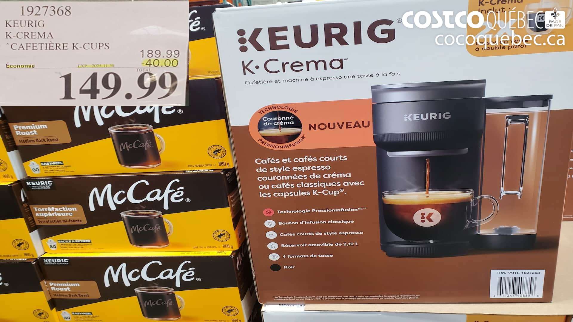 1927368 KEURIG K-CREMA “CAFETIERE K-CUPS ($40.00 INSTANT SAVINGS EXPIRES ON 2025-11-30) $149.99