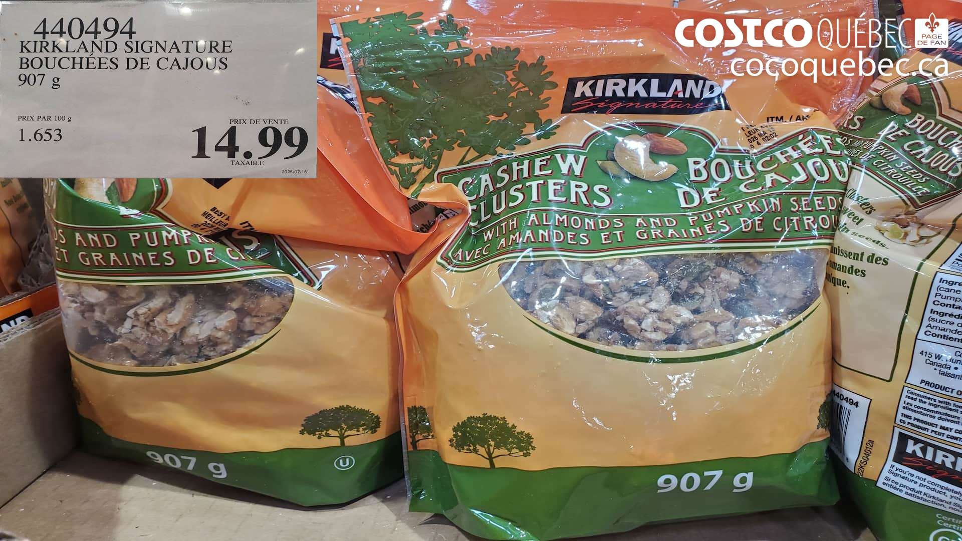 440494 KIRKLAND BOUCHEES DE CAJOUS PRIX PAR 100 g $14.99