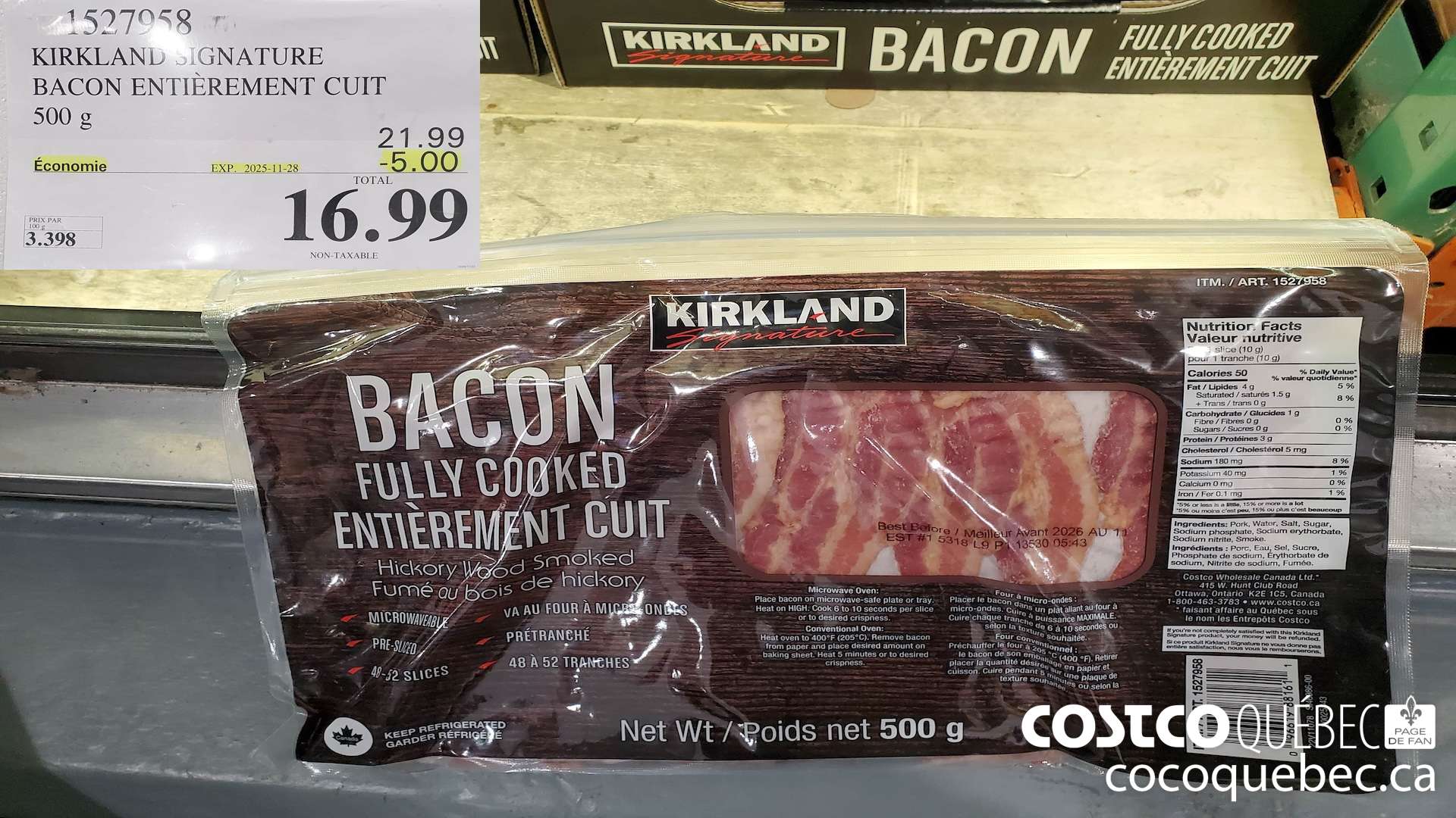 1527958 KIRKLAND SIGNATURE BACON ENTIEREMENT CUIT 500 g ($5.00 INSTANT SAVINGS EXPIRES ON 2025-11-28) $16.99